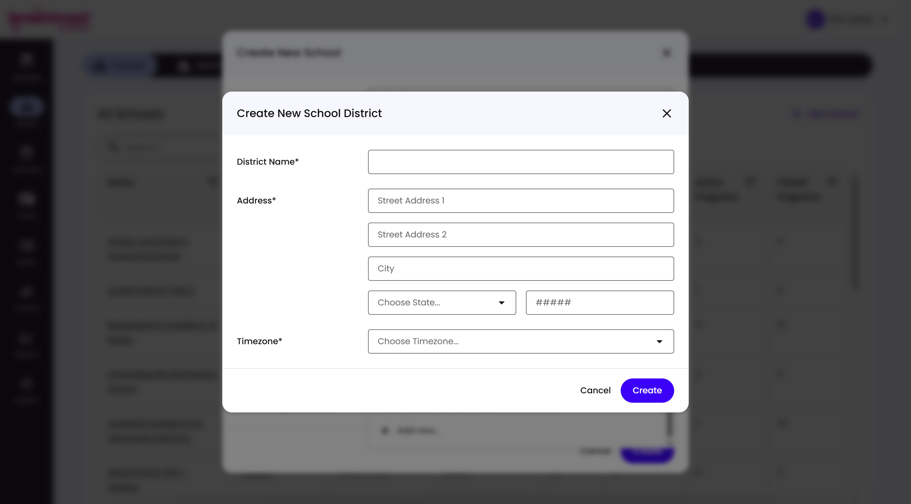 The Create New School District modal, layered over the Create New School modal, with fields for District Name, Address, and Timezone