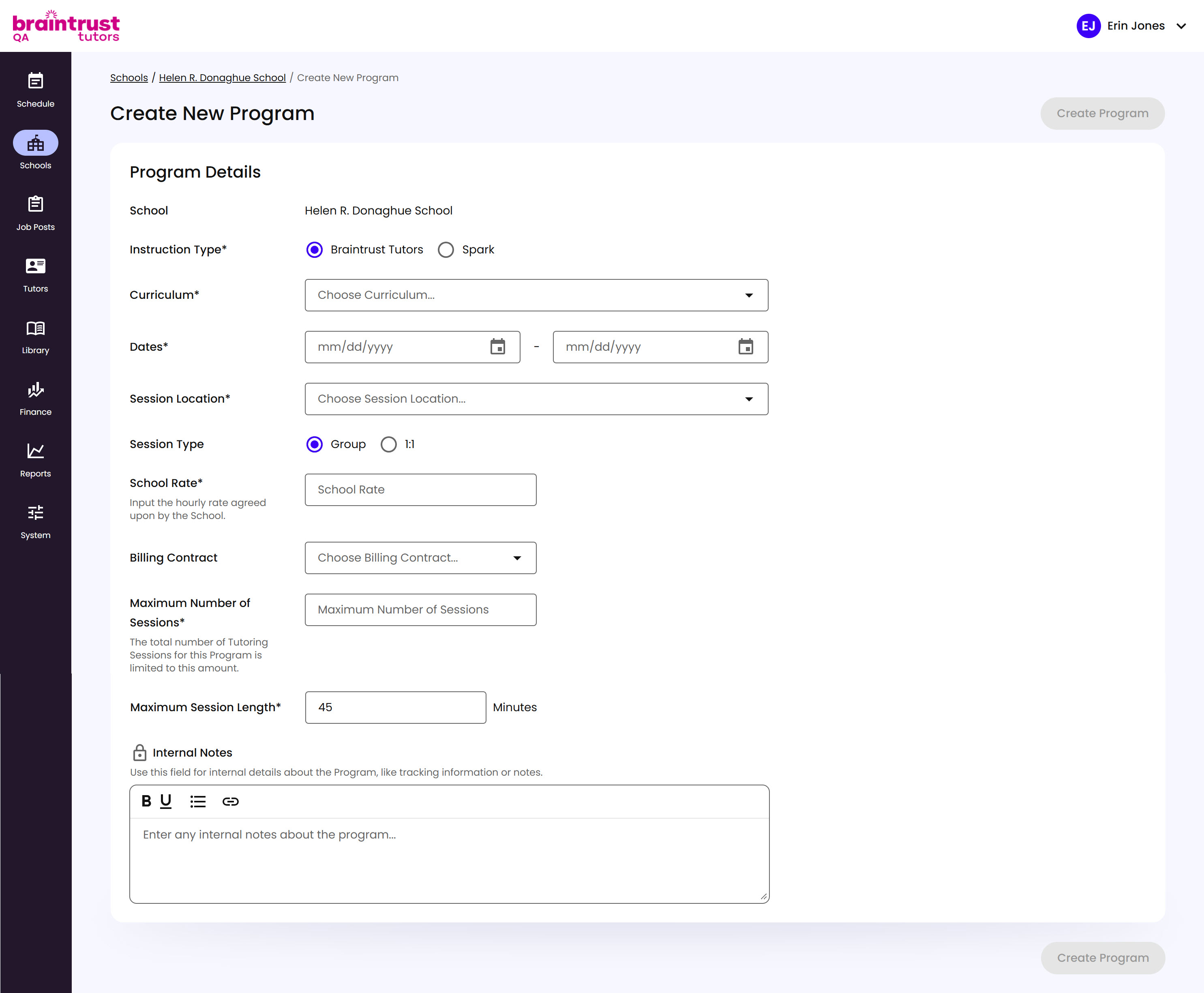 The Create New Program page, with fields for Instruction Type, Curriculum, Dates, Session Location, Session Type, School Rate, Billing Contract, Maximum Number of Sessions, Maximum Session Length, and Internal Notes