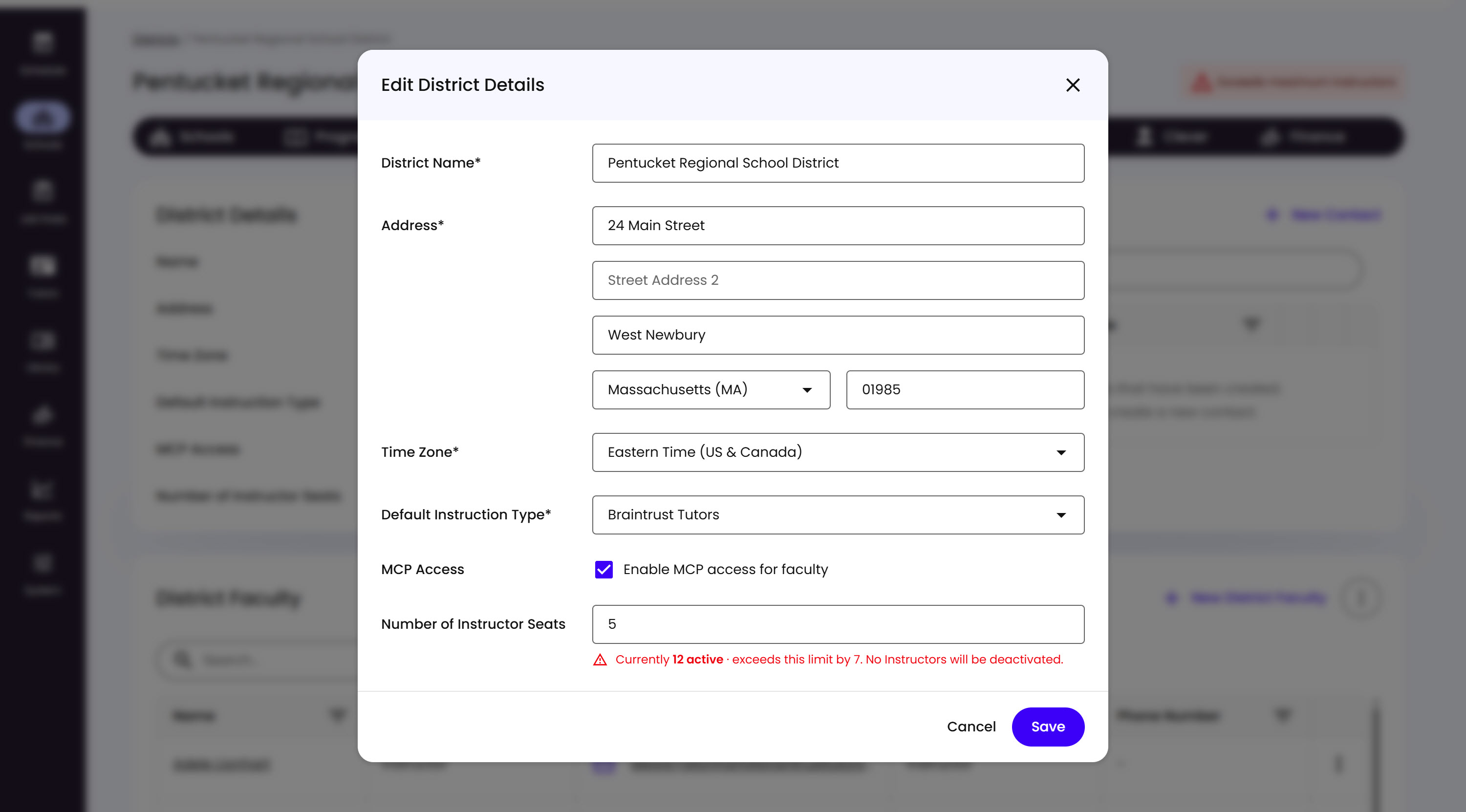 The Edit District Details modal, with fields for District Name, Address, Time Zone, Default Instruction Type, MCP Access, and Number of Instructor Seats