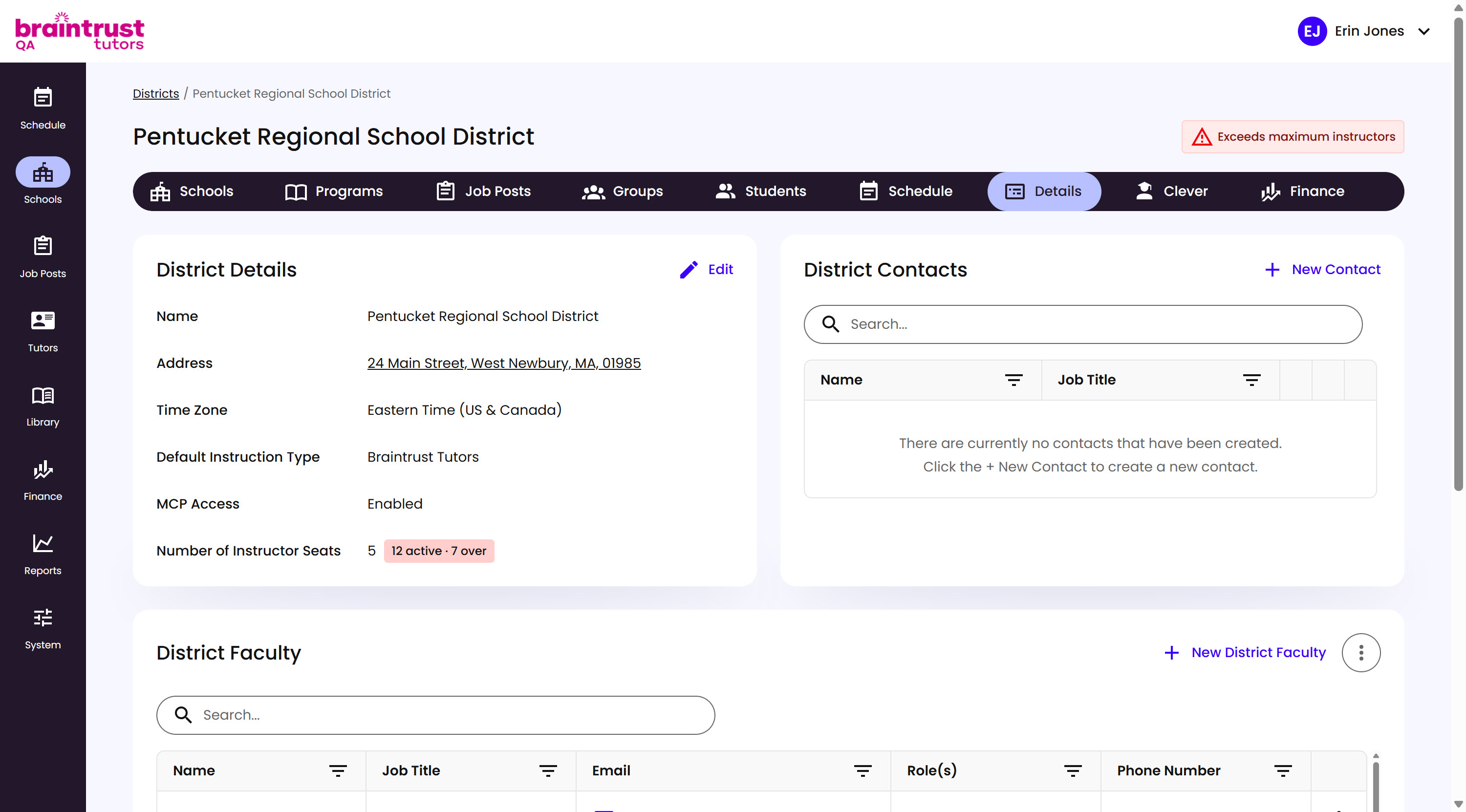 A District Details page, with a District Details panel, a District Contacts panel, and a District Faculty panel