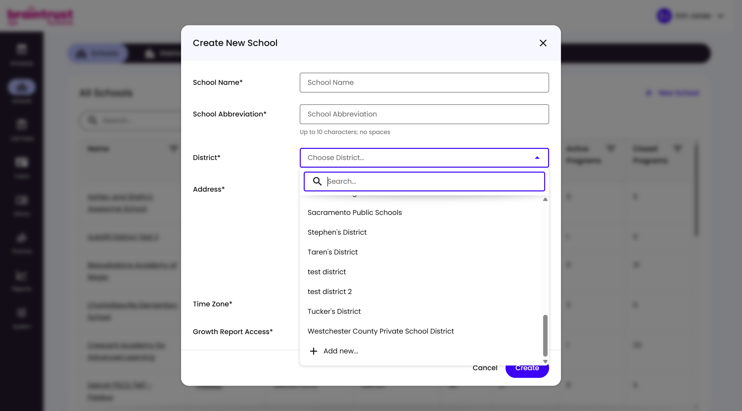 The District dropdown open, showing a searchable list of existing Districts with an "+ Add new..." option at the bottom