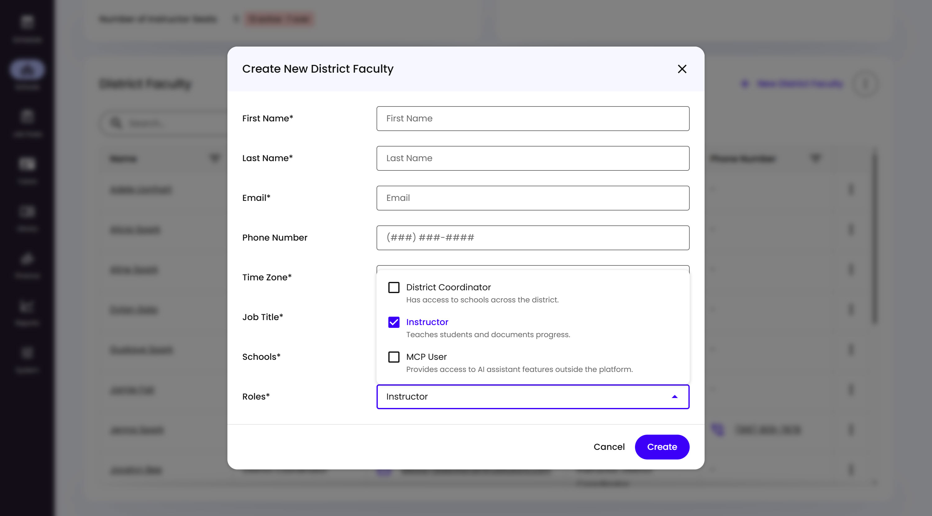 The Create New District Faculty modal, with the Roles dropdown open showing District Coordinator, Instructor, and MCP User