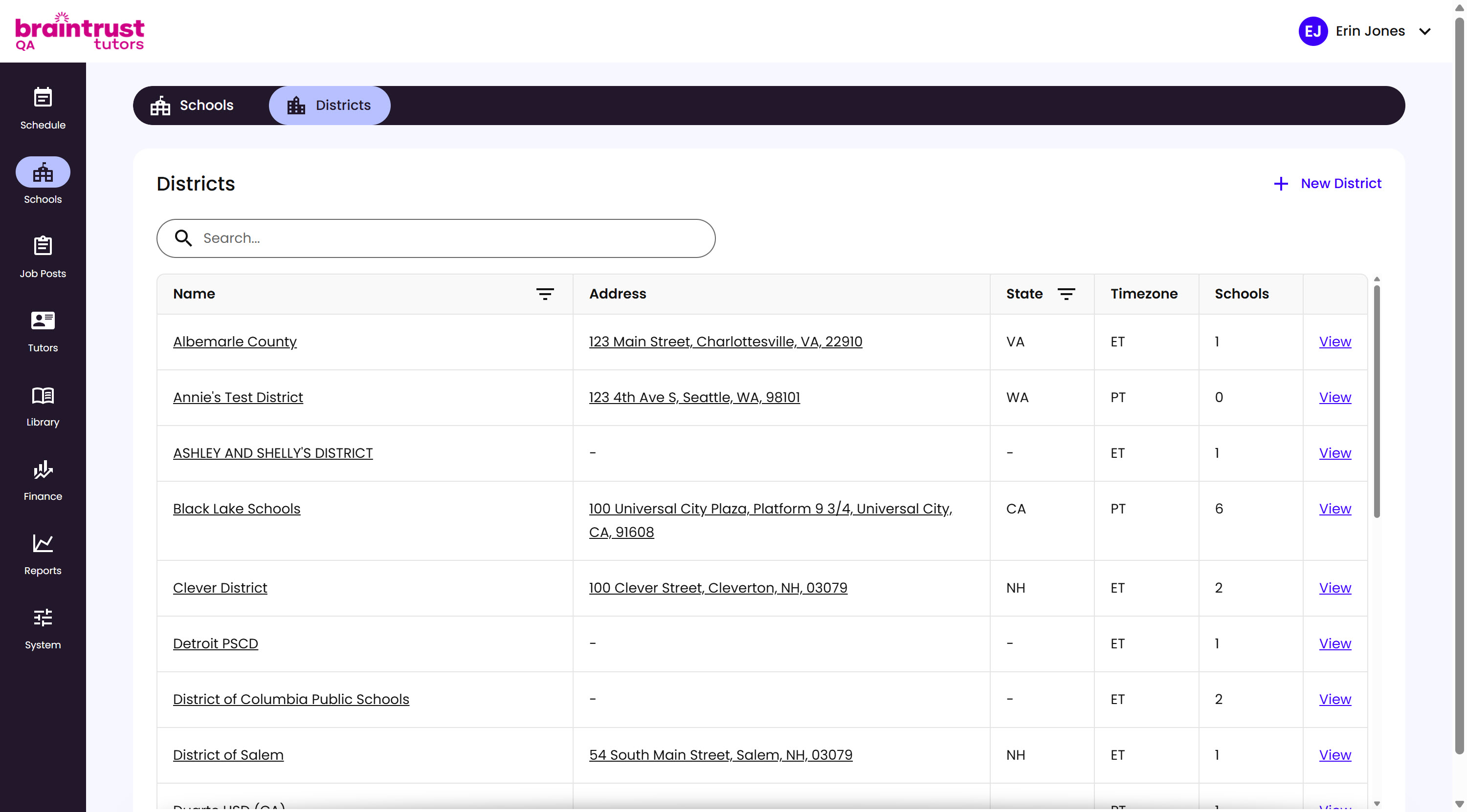 The Districts tab, listing every District with columns for Name, Address, State, Timezone, and Schools, and a New District button
