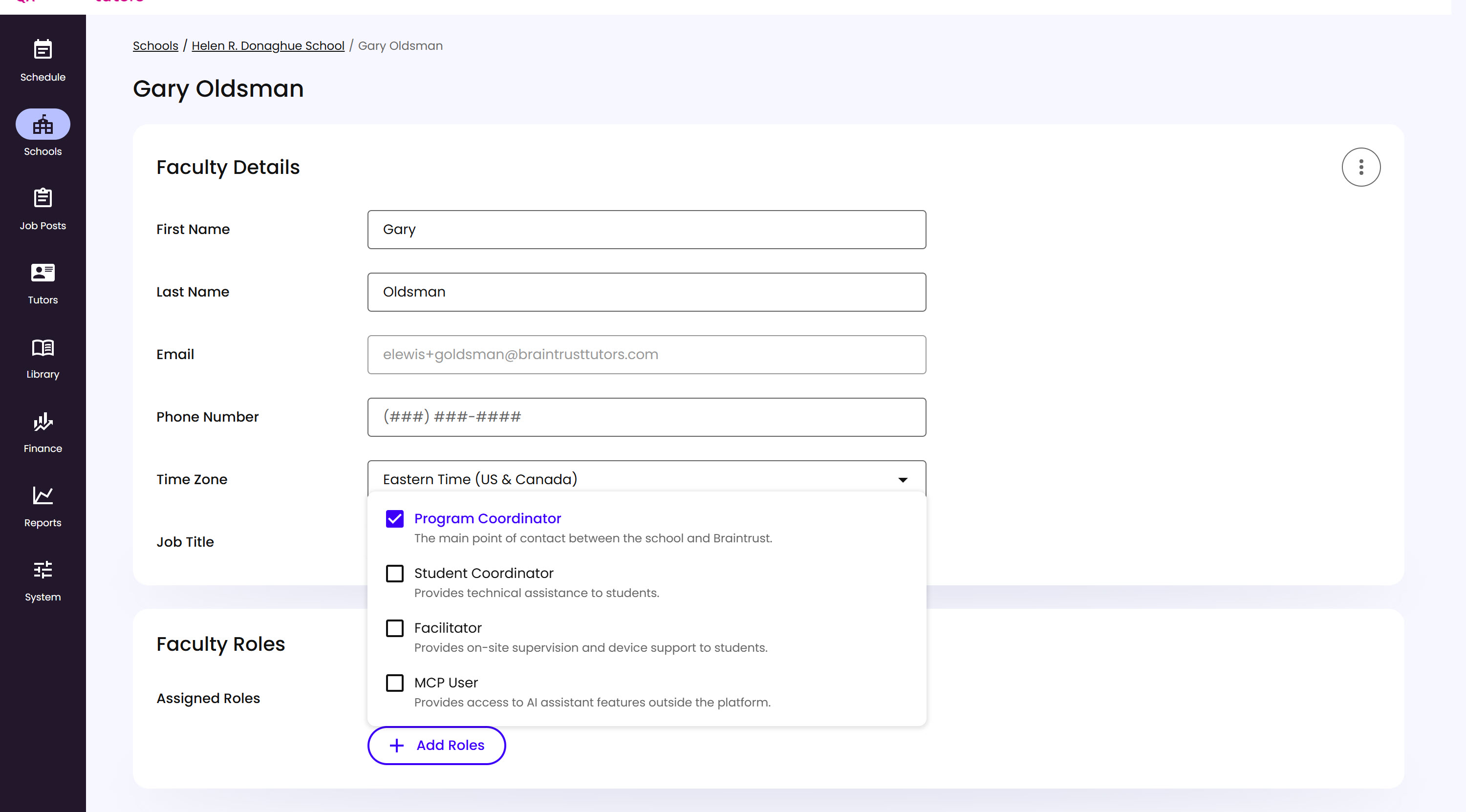 The Add Roles dropdown open, listing Program Coordinator, Student Coordinator, Facilitator, and MCP User with checkboxes and descriptions