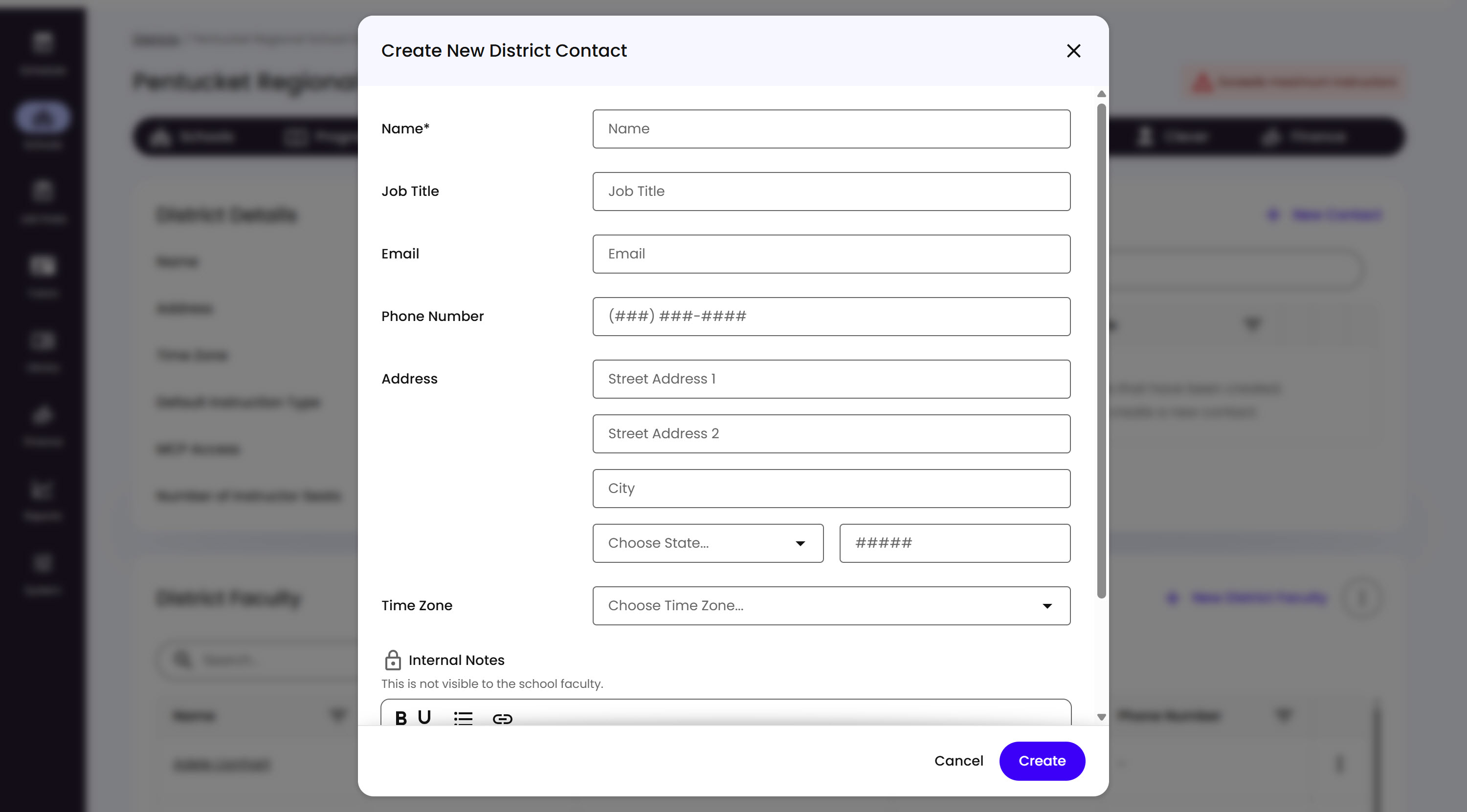 The Create New District Contact modal, with fields for Name, Job Title, Email, Phone Number, Address, Time Zone, and Internal Notes
