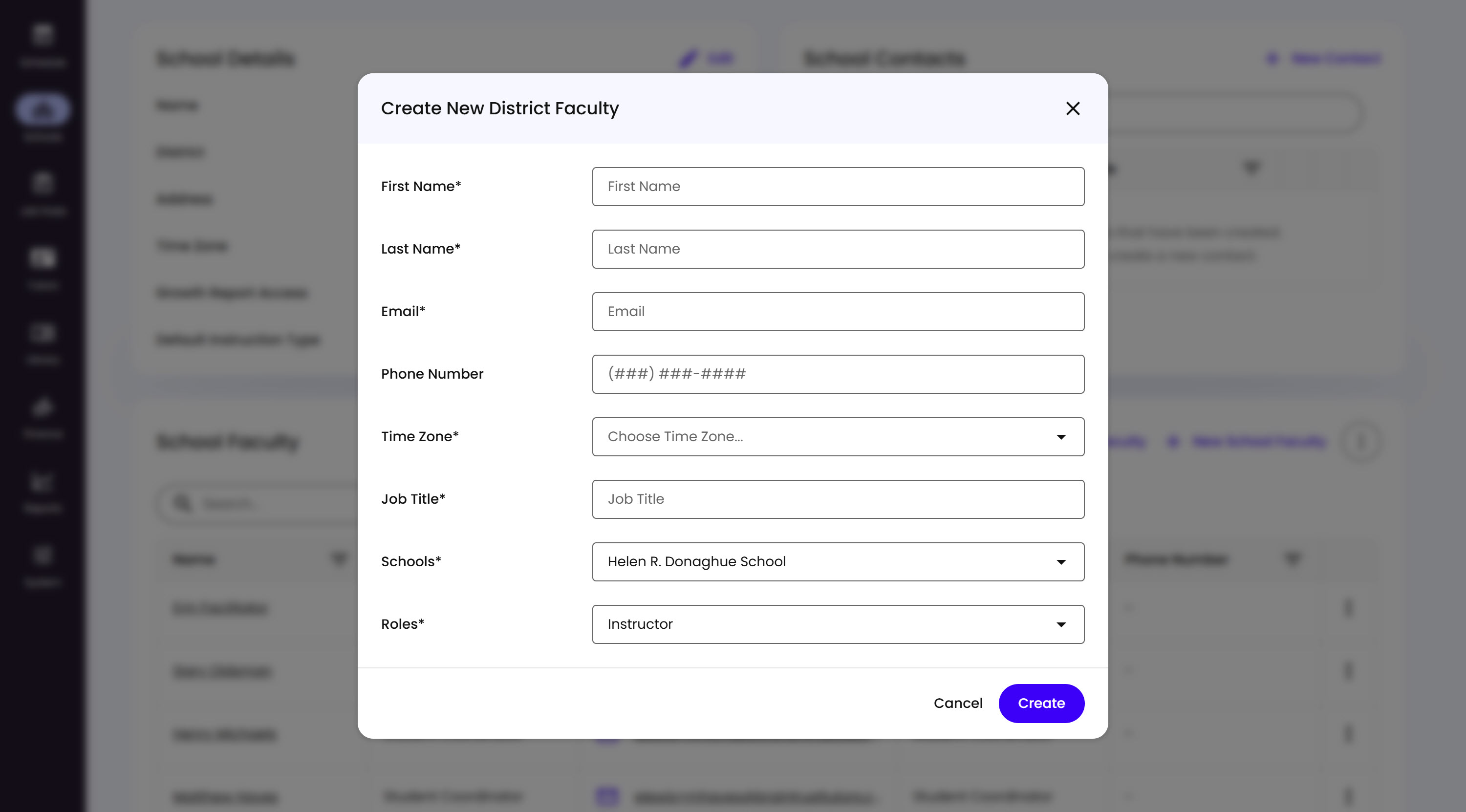 The Create New District Faculty modal, with the same fields as School Faculty plus Schools and Roles dropdowns