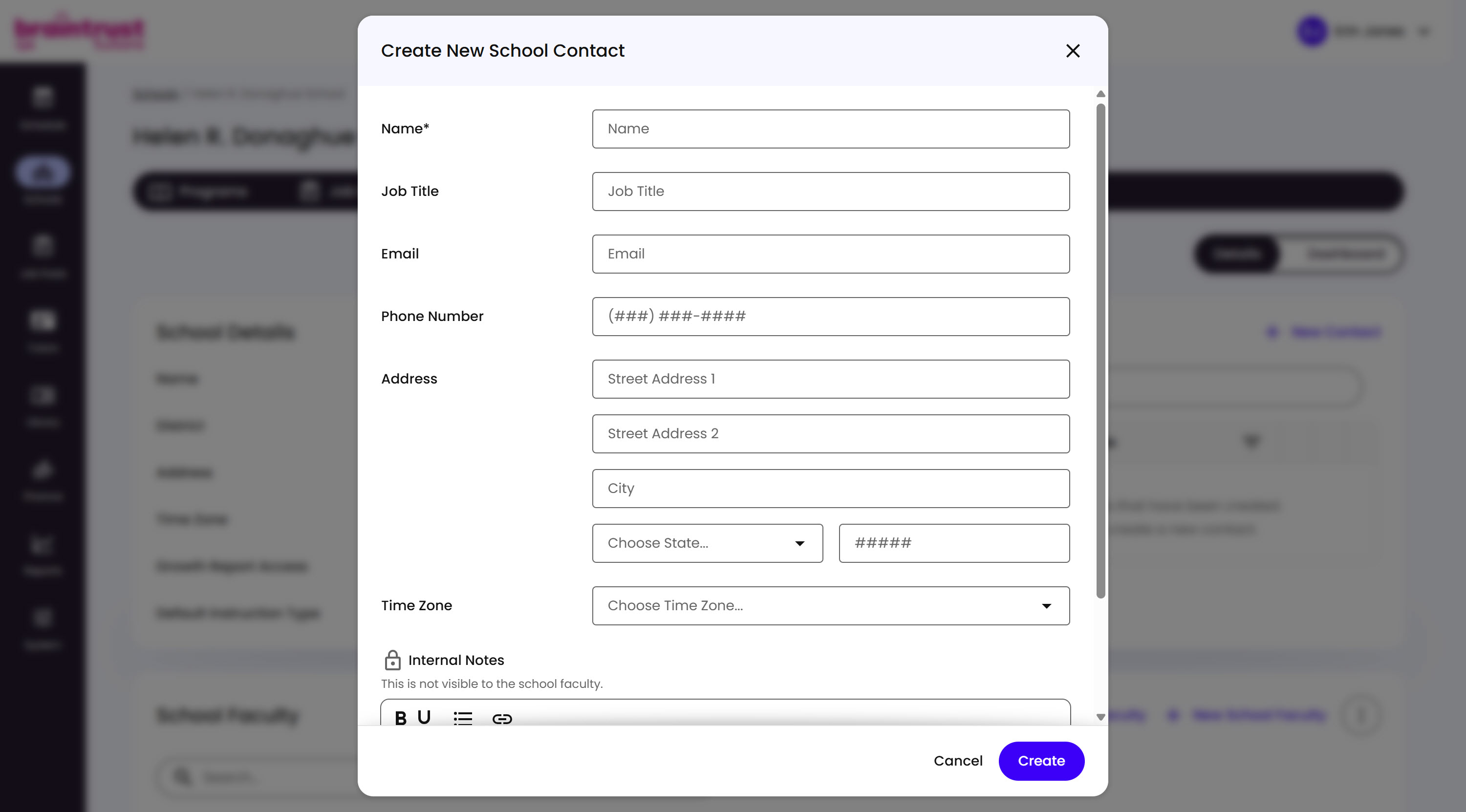 The Create New School Contact modal, with fields for Name, Job Title, Email, Phone Number, Address, Time Zone, and Internal Notes