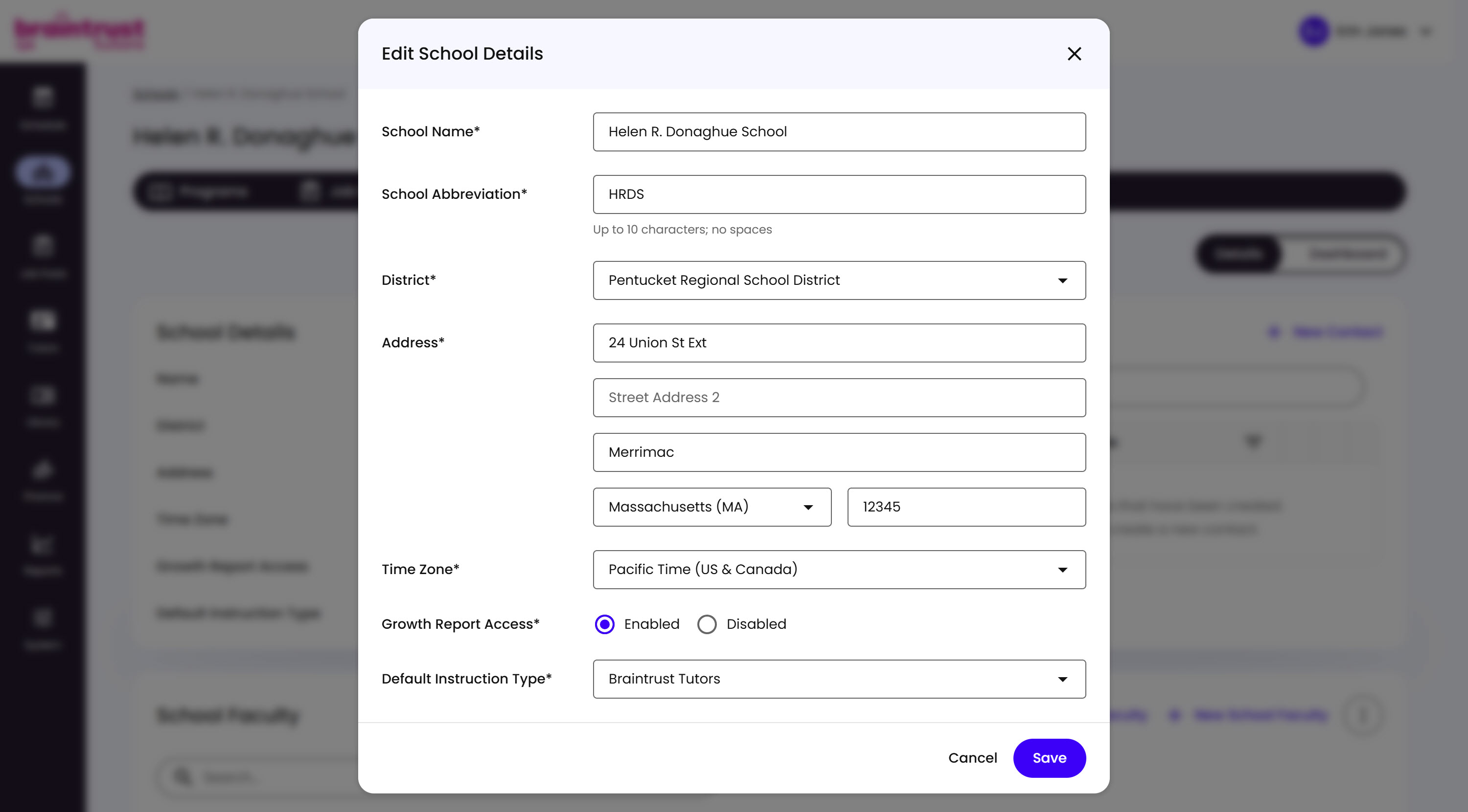 The Edit School Details modal, over a School Details page with School Details and School Contacts panels visible behind it