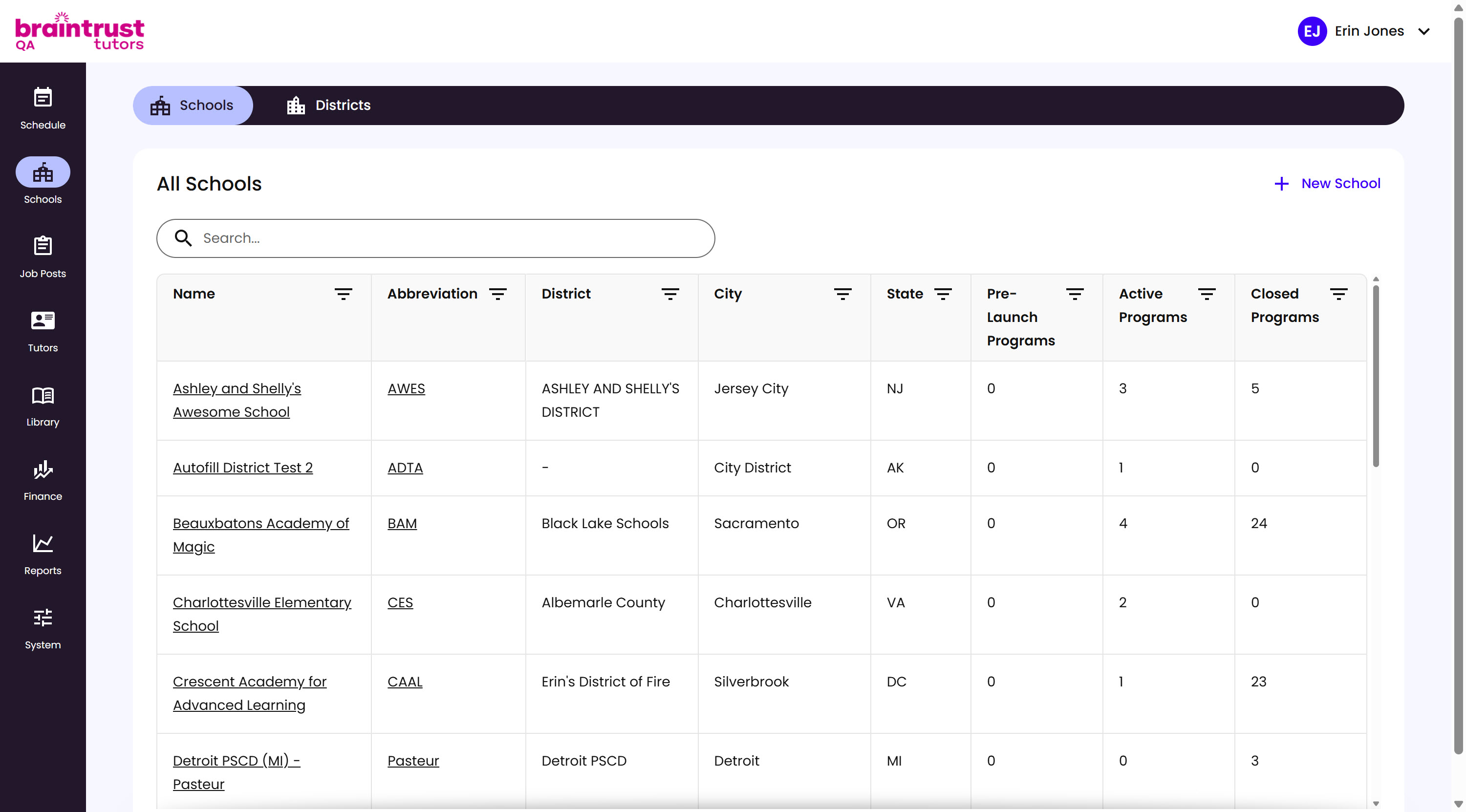 The All Schools table, with columns for Name, Abbreviation, District, City, State, Pre-Launch Programs, Active Programs, and Closed Programs