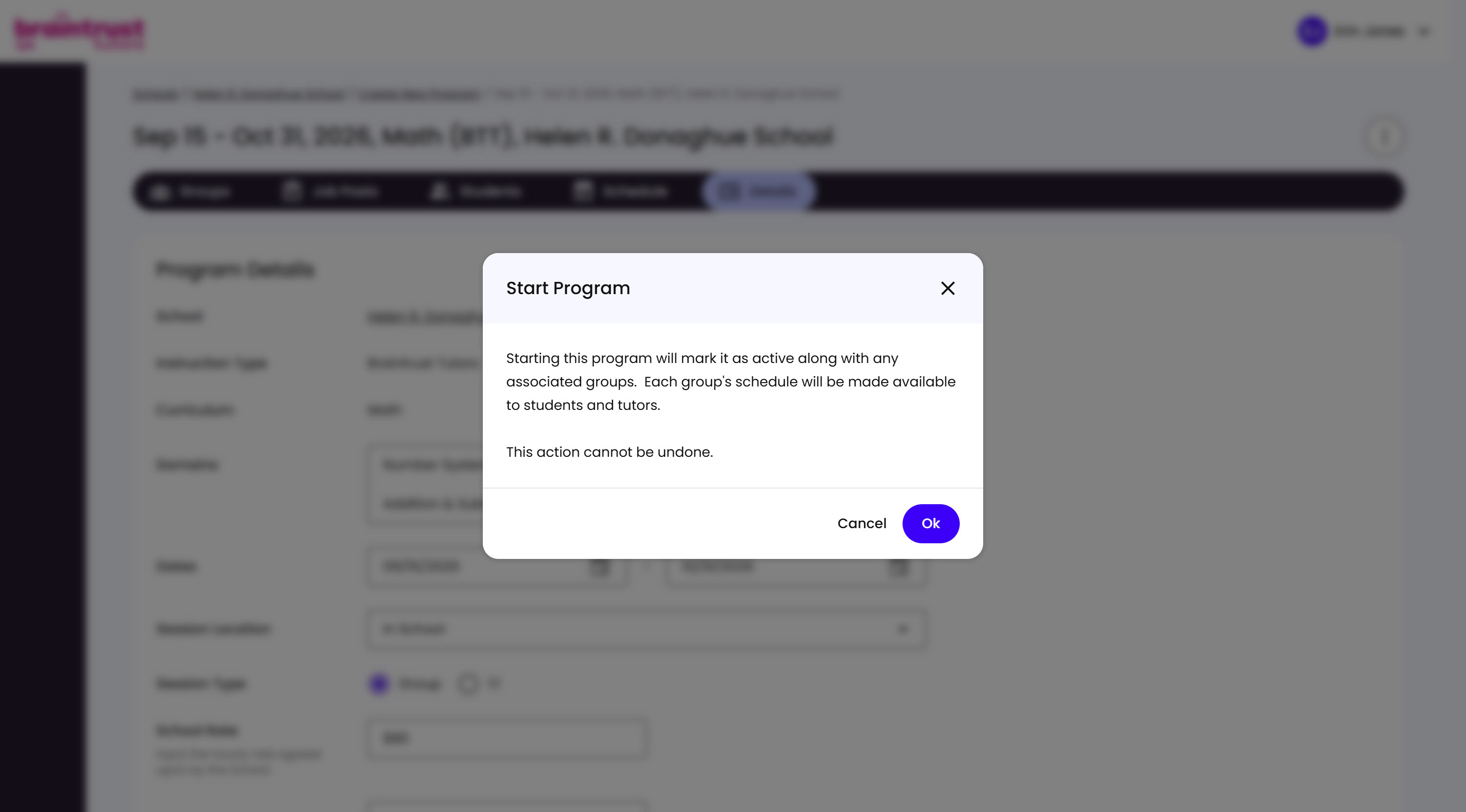 The Start Program confirmation modal, warning that starting the Program marks it and its Groups active and can't be undone