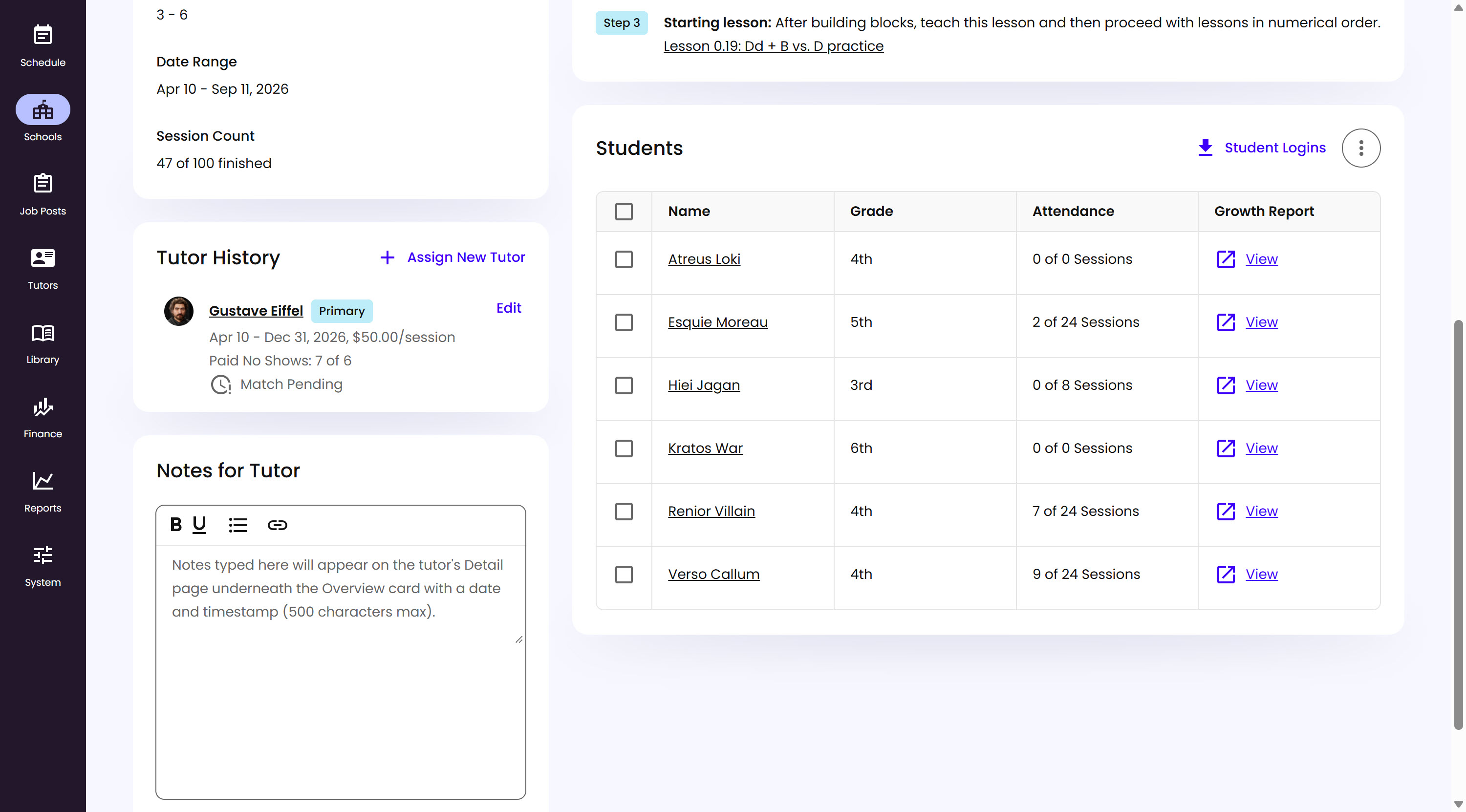 The Students table on a Group's Details tab, showing each student's Grade, Attendance, and a Growth Report link