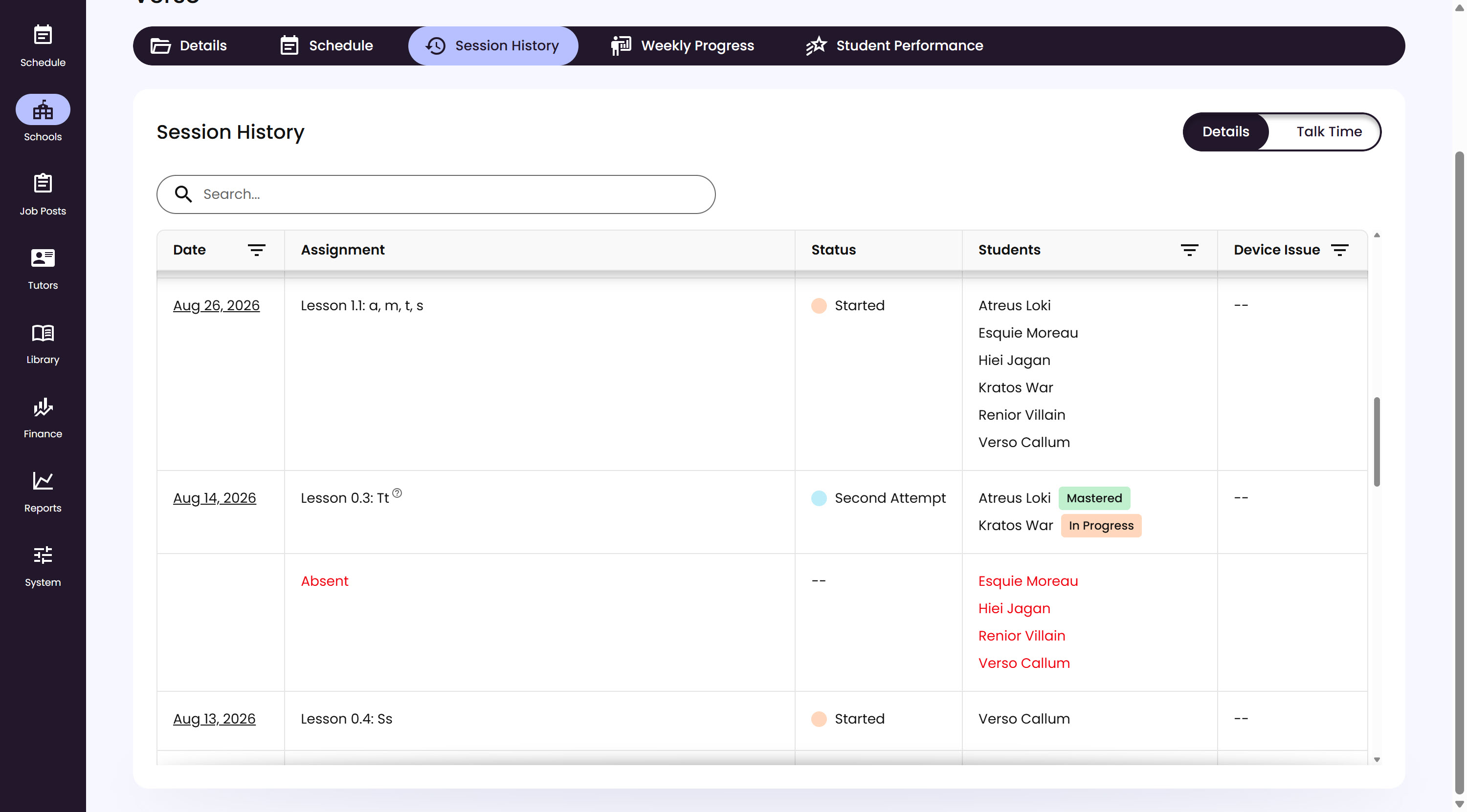 A Group's Session History tab, showing a table of past sessions with Date, Assignment, Status, Students, and Device Issue