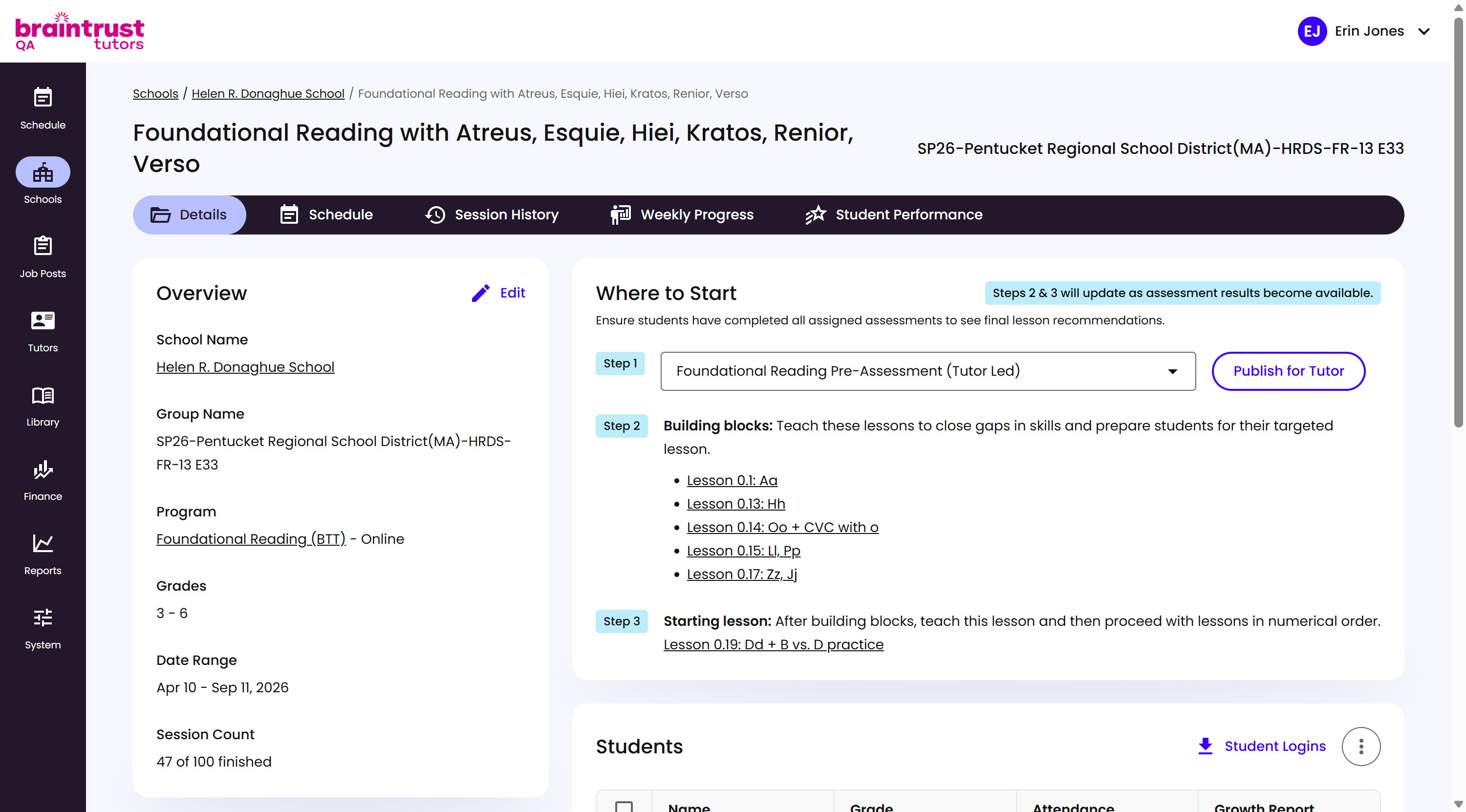 A Group's Details tab, showing the Where to Start panel with Step 1, 2, and 3 lesson recommendations