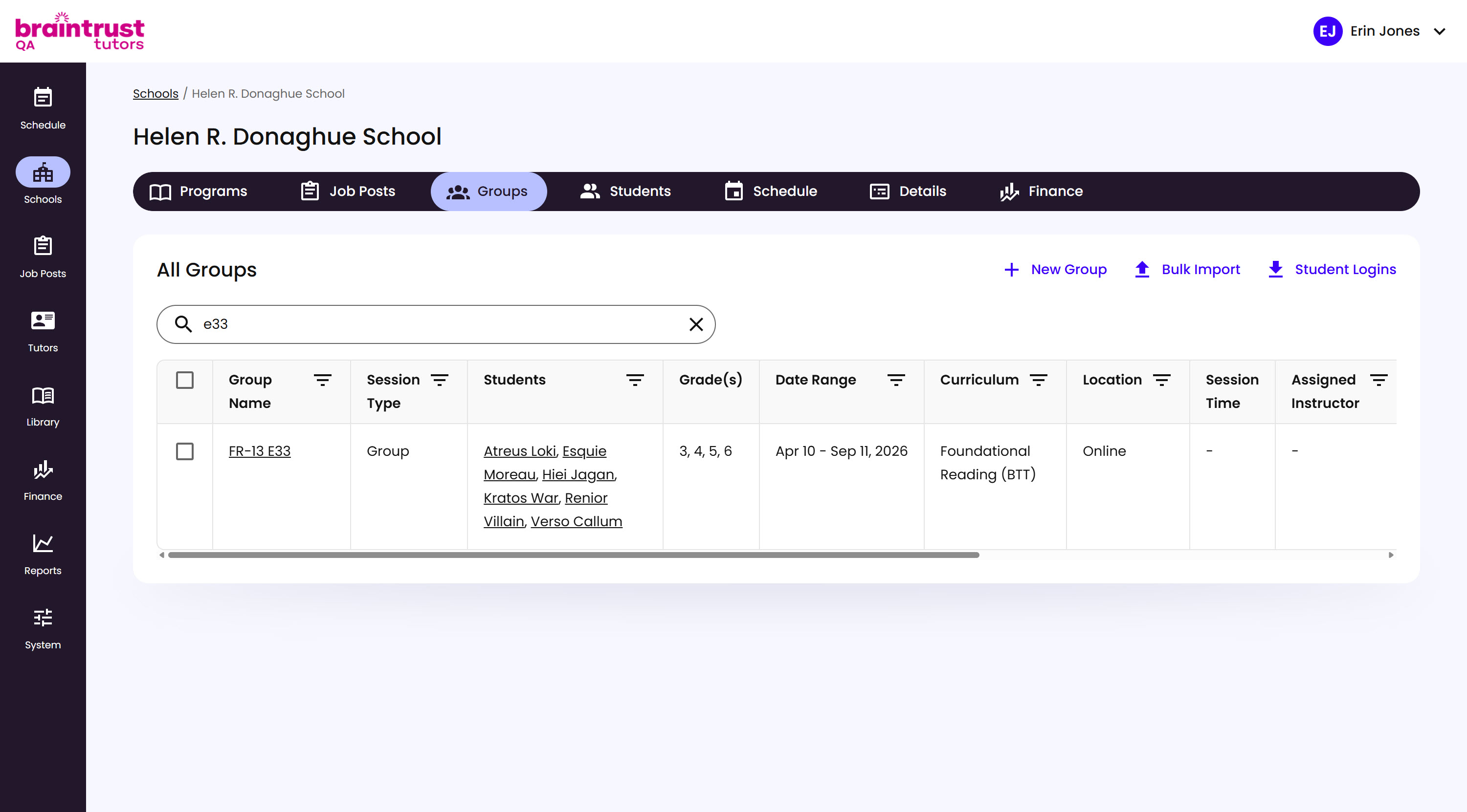 The Groups tab on a School's page, showing the All Groups table filtered by a search bar