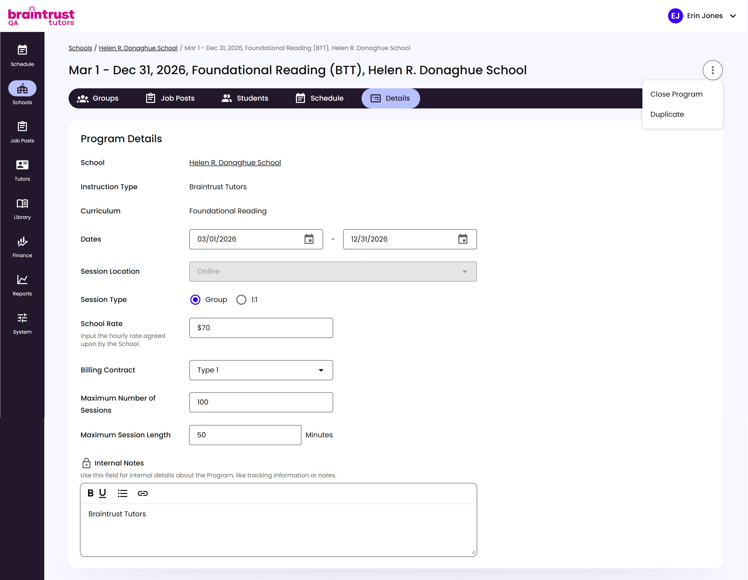 The Program Details page's options menu, open on an Active Program and showing Close Program and Duplicate