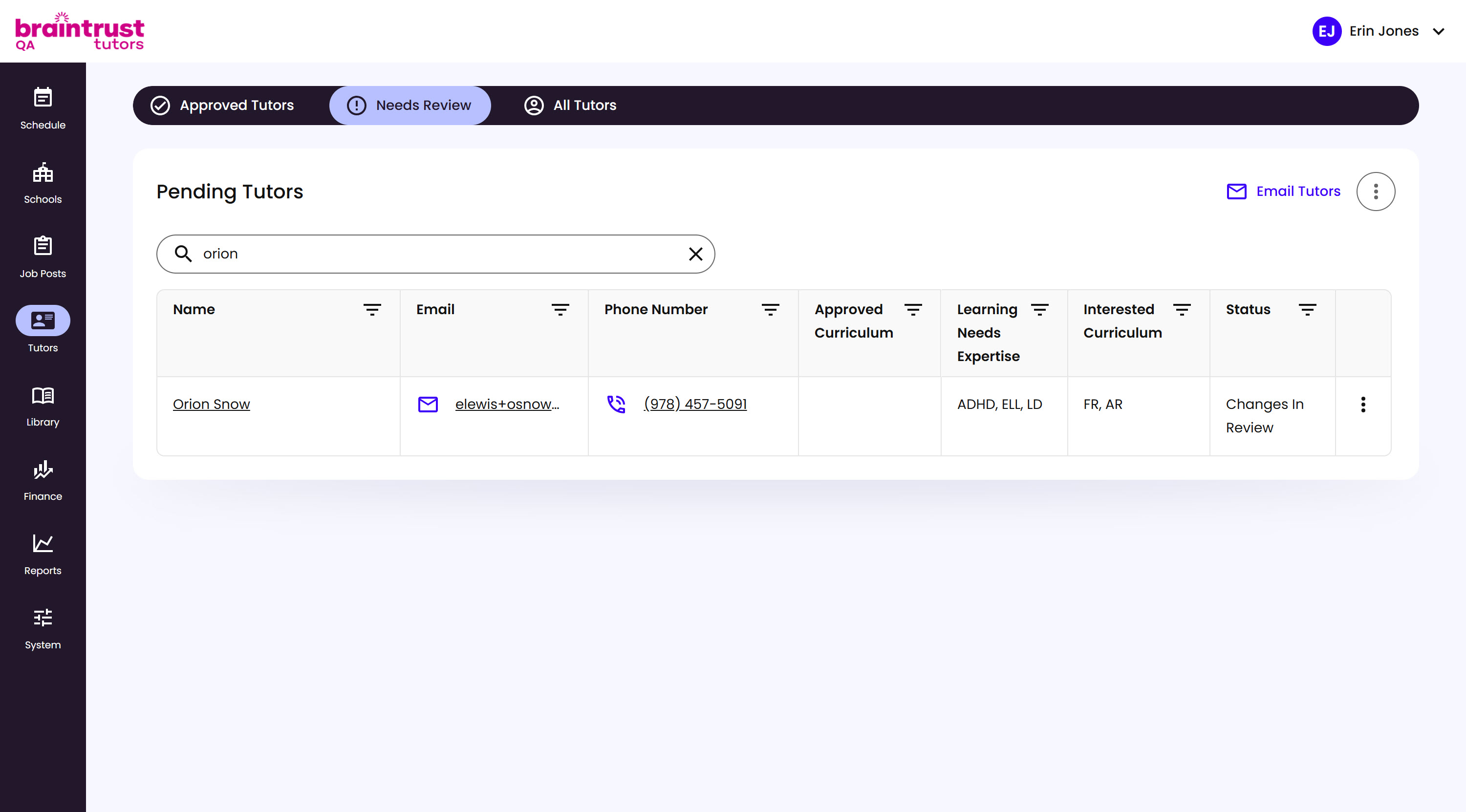 The Needs Review tab under Tutors, showing the Pending Tutors table