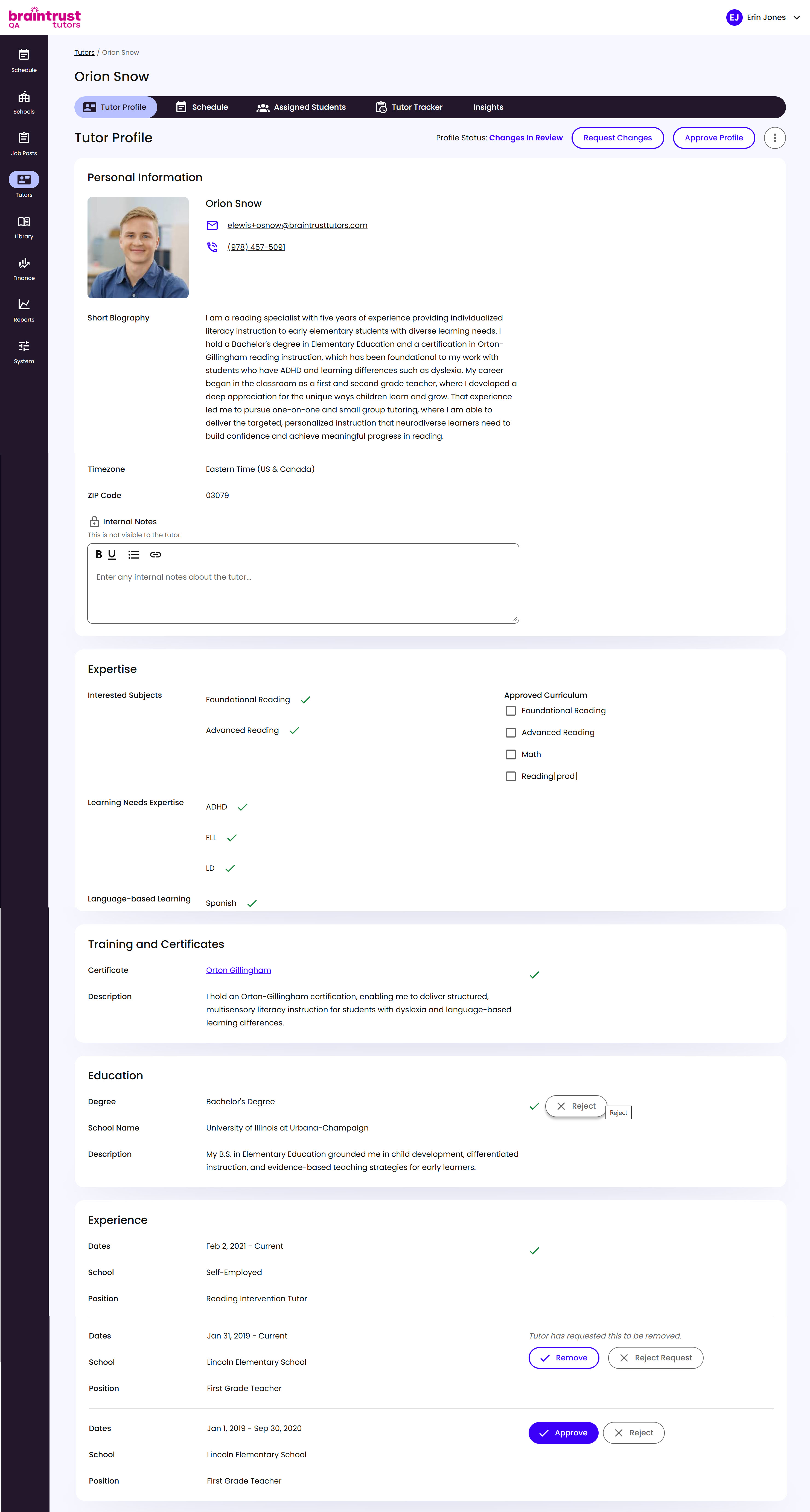The Tutor Profile page, showing Profile Status, the Request Changes and Approve Profile buttons, and per-section and per-item approve or reject controls throughout the profile