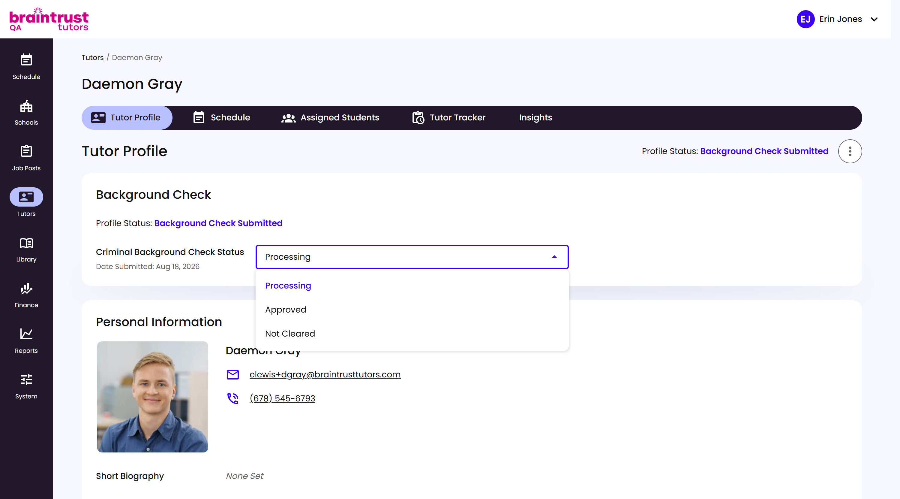 The Background Check section of a Tutor's Profile, with the Criminal Background Check Status dropdown open