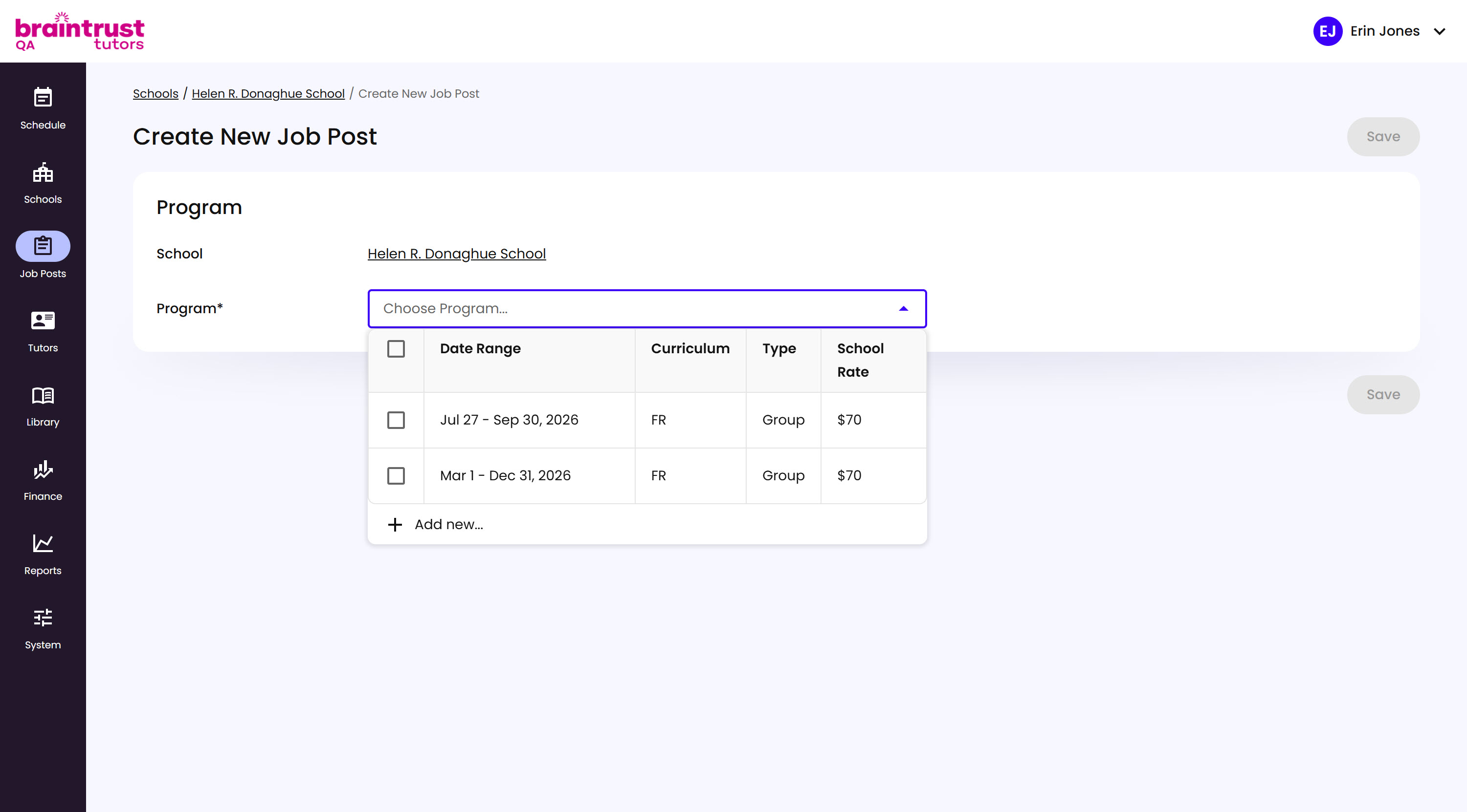The Create New Job Post page, with the Program dropdown open showing existing Programs to choose from