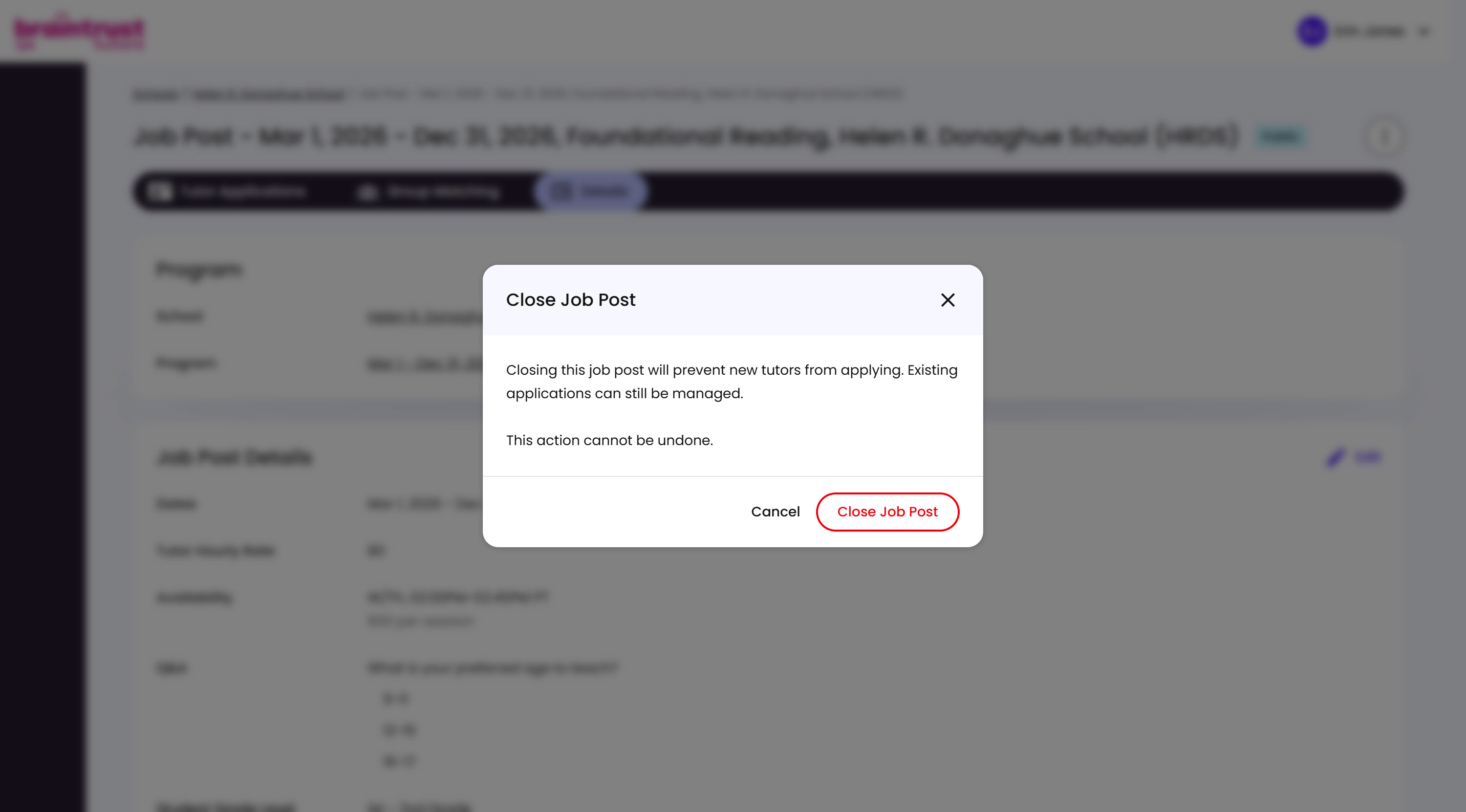 The Close Job Post confirmation modal, warning that closing prevents new applications and can't be undone