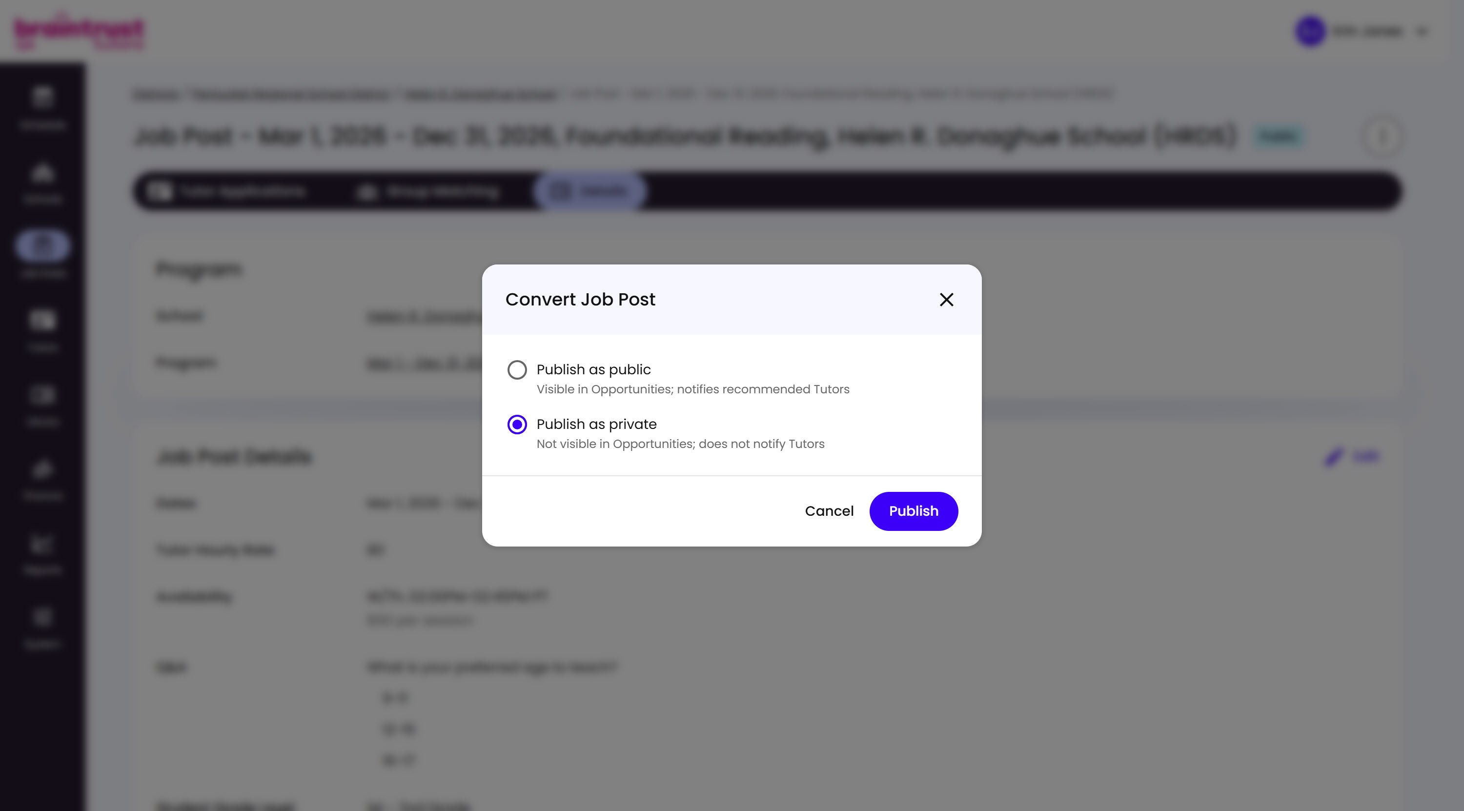 The Convert Job Post modal, with Publish as public and Publish as private options, Publish as private already selected