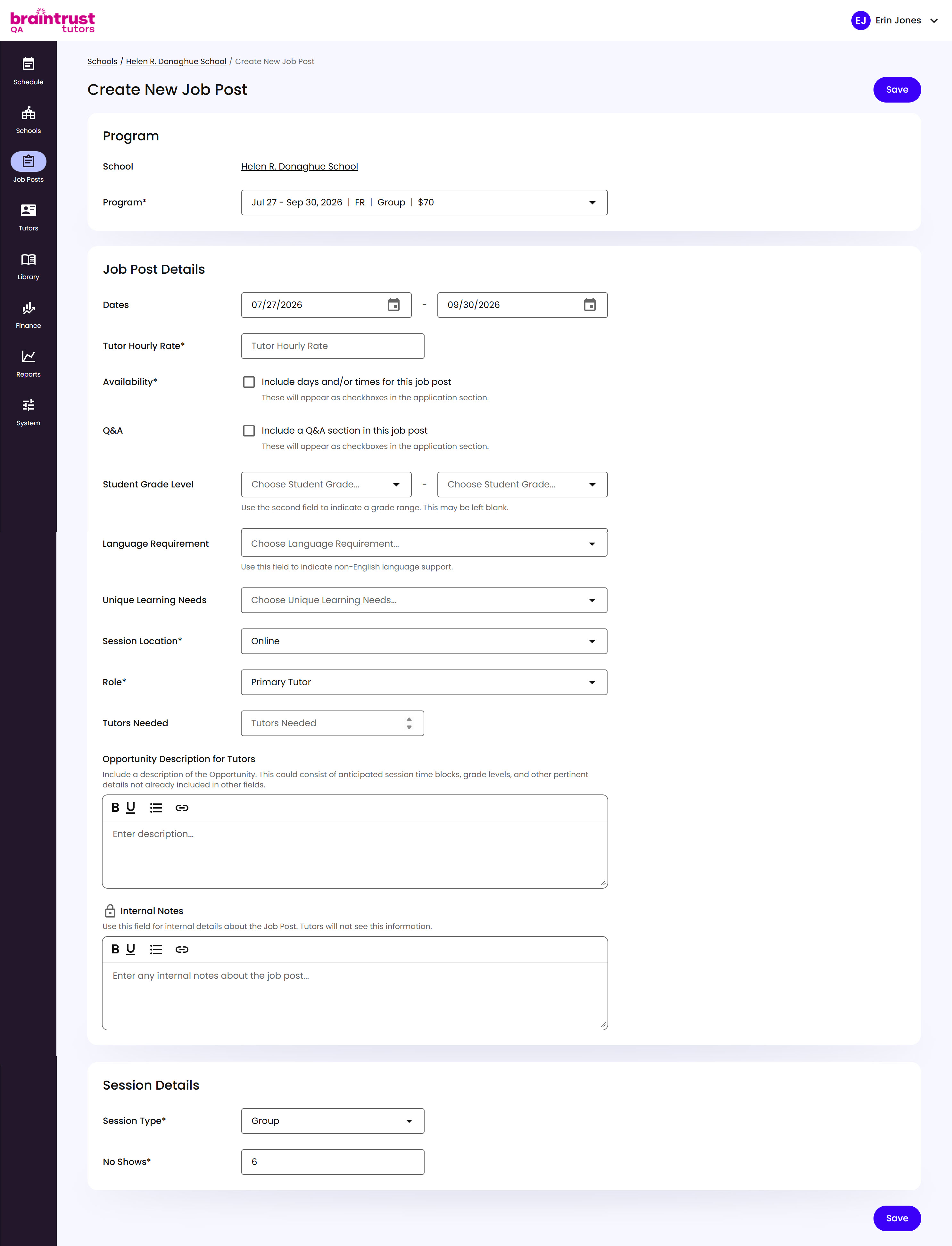 The full Create New Job Post form, with Job Post Details and Session Details sections