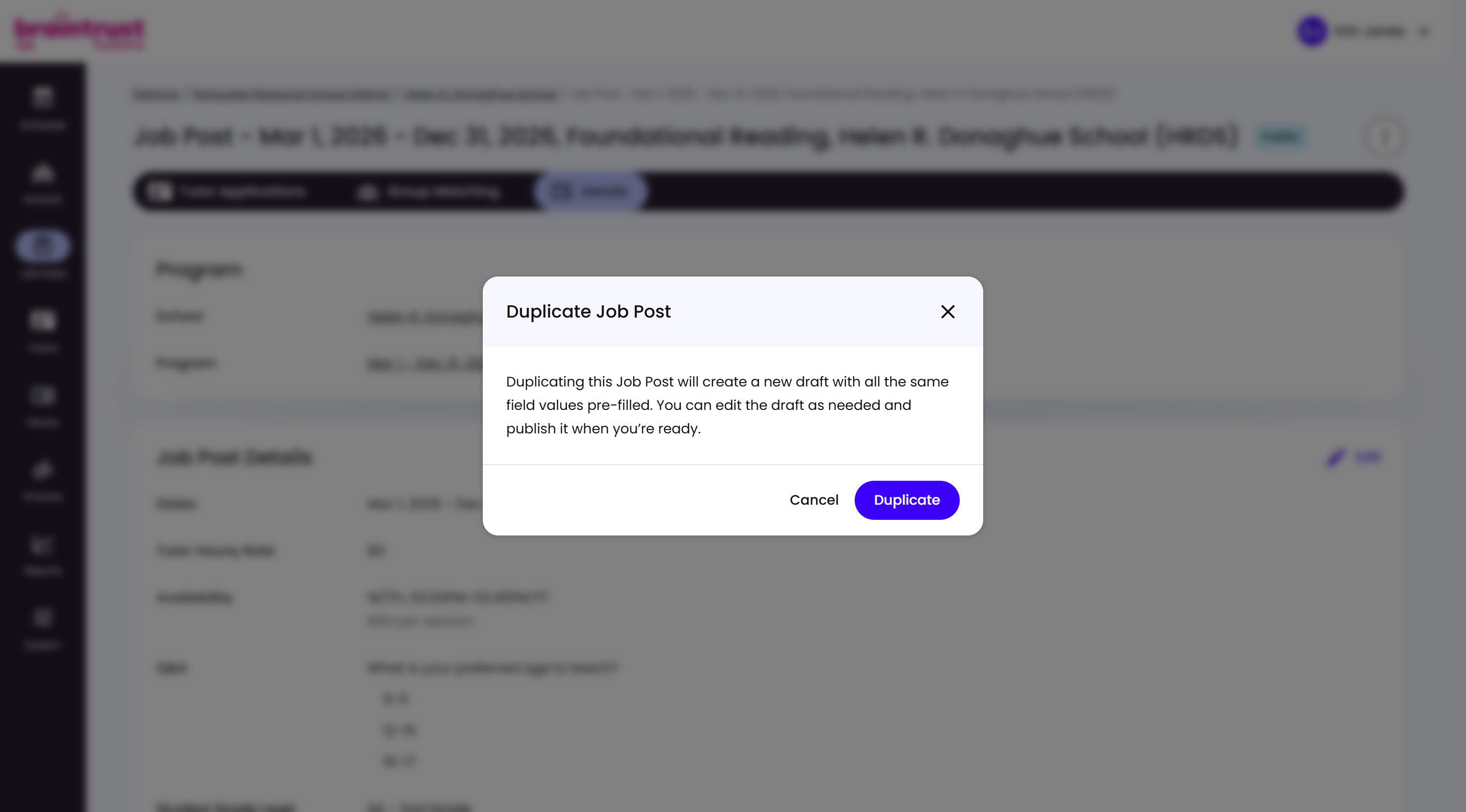 The Duplicate Job Post confirmation modal, explaining that duplicating creates a new draft with all the same field values pre-filled