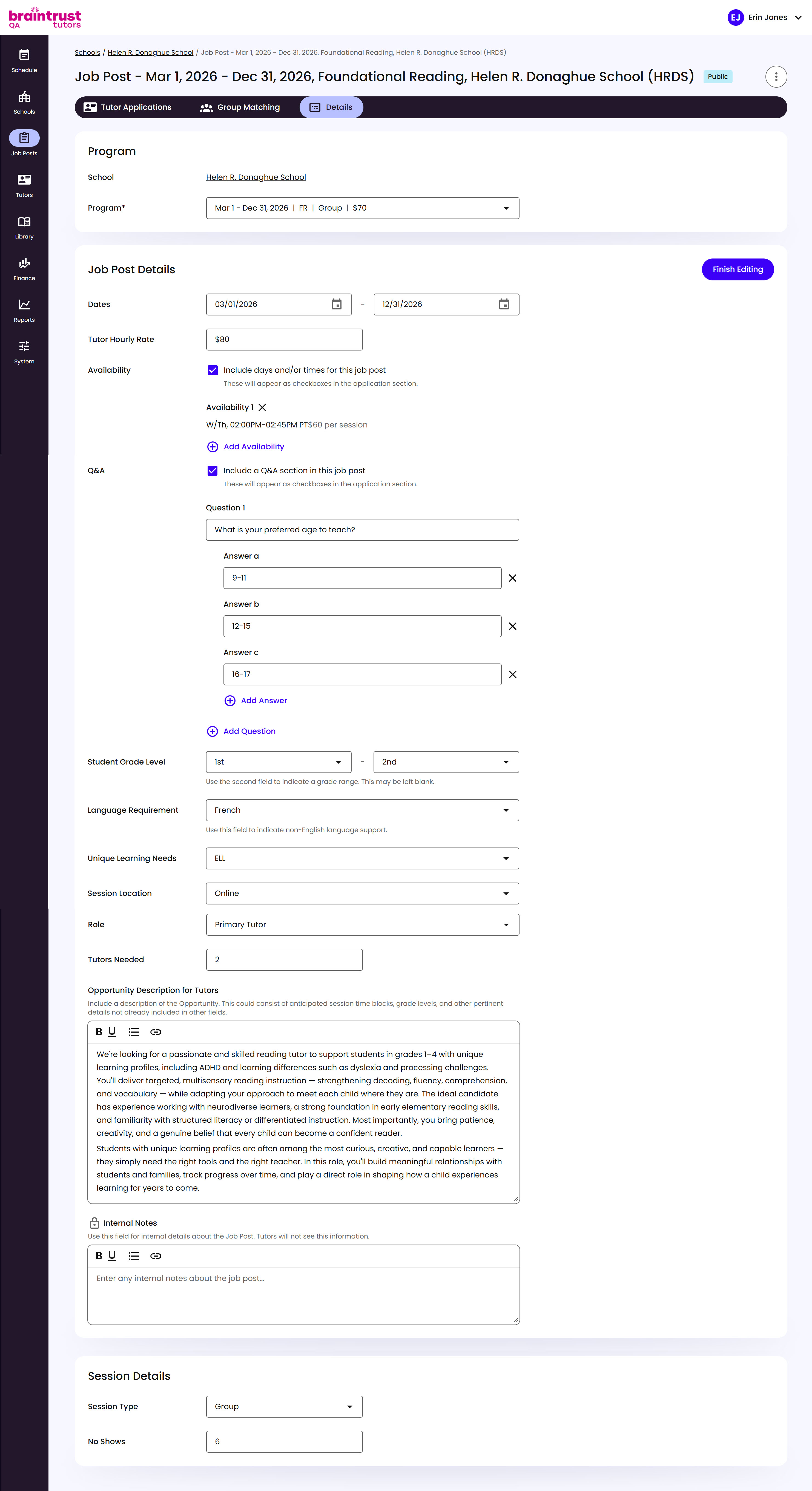The Job Post Details section in edit mode, with every field open for changes and a Finish Editing button