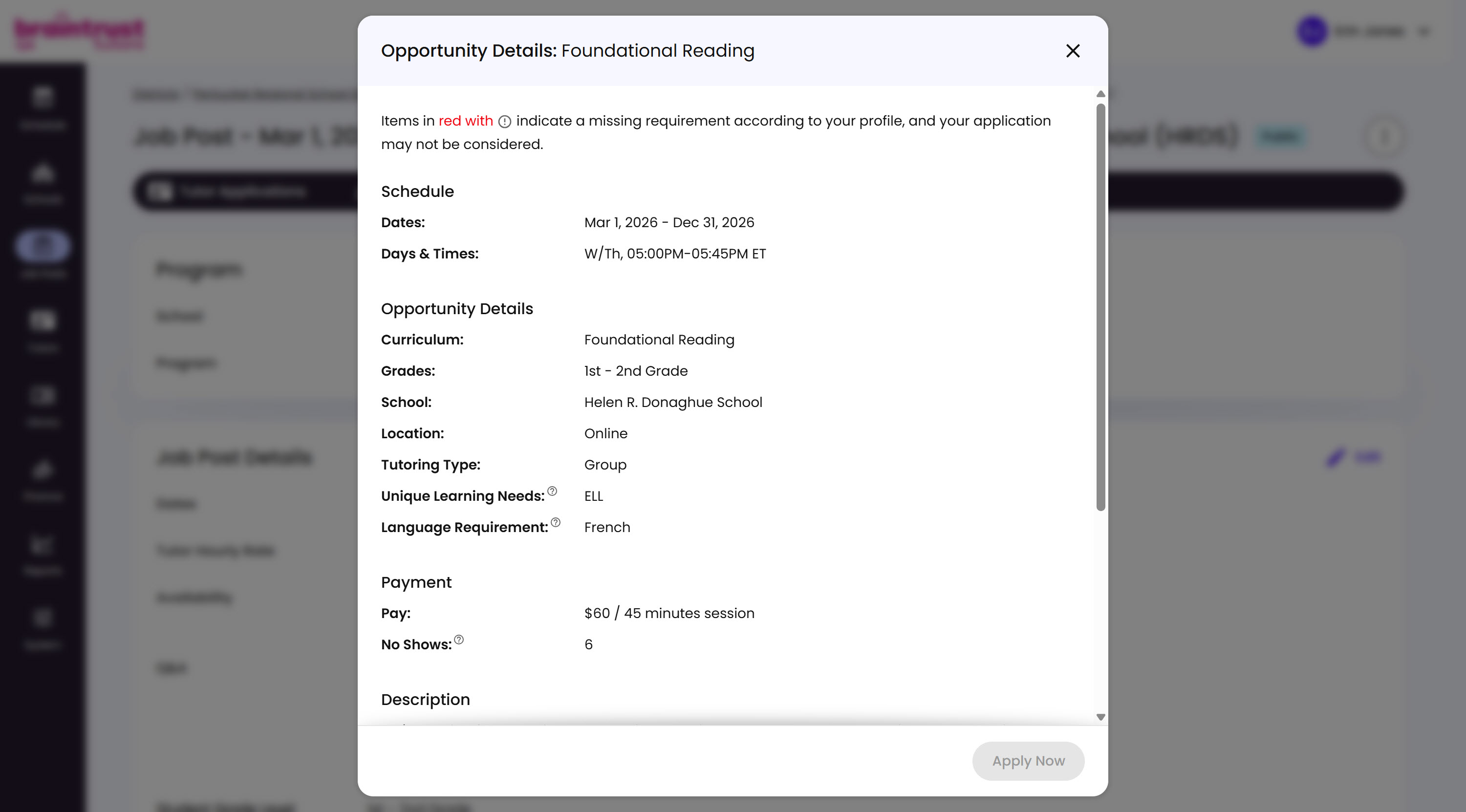 The Opportunity Details preview, showing the Job Post's Schedule, Opportunity Details, and Payment sections the way an applying Tutor would see them, with a disabled Apply Now button