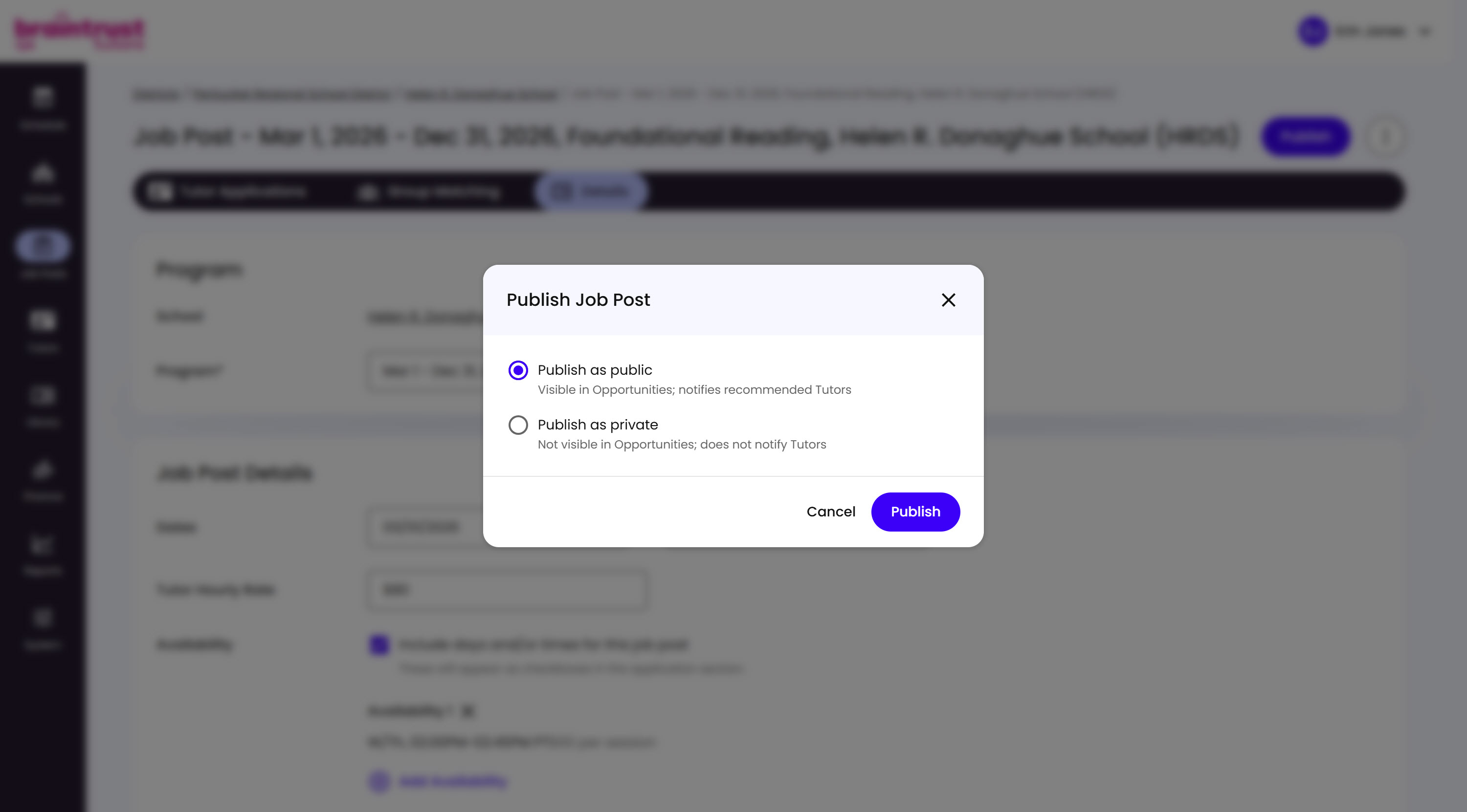 The Publish Job Post modal, with Publish as public and Publish as private options, Publish as public selected by default