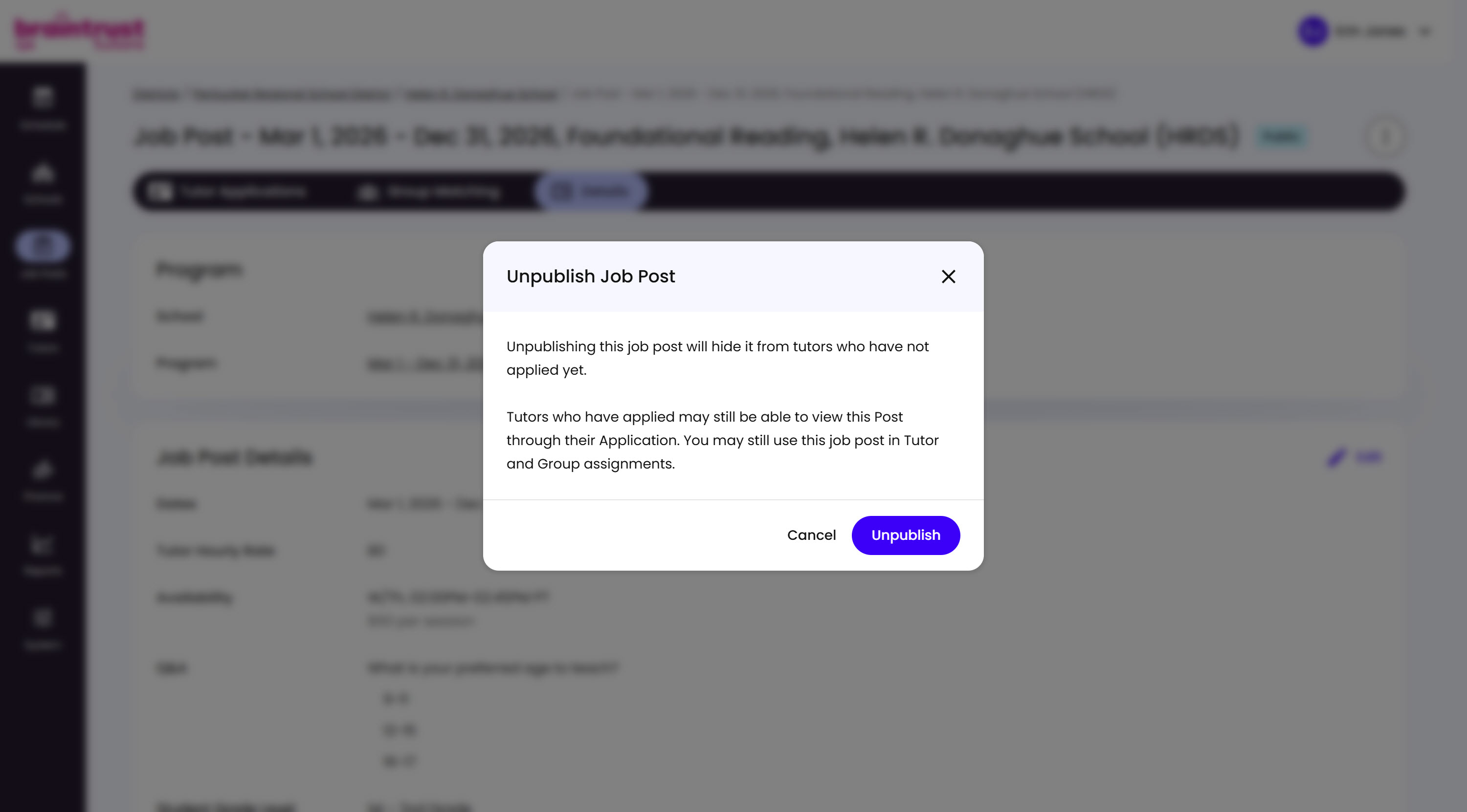 The Unpublish Job Post confirmation modal, explaining that Tutors who haven't applied won't see the post anymore, while Tutors who already applied can still view it through their application
