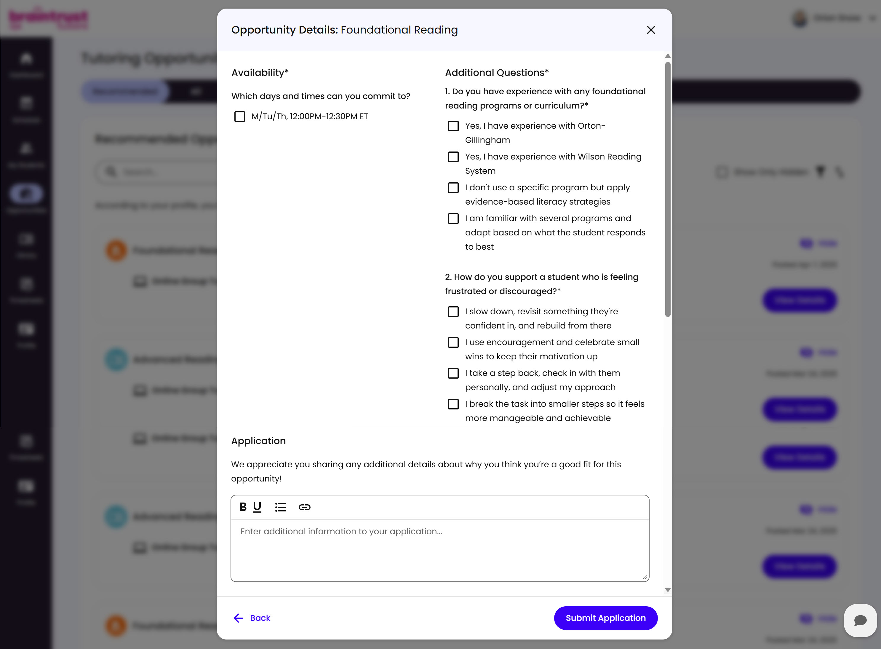 The application form, as seen by a Tutor, showing Availability, Additional Questions, and a free-text Application field