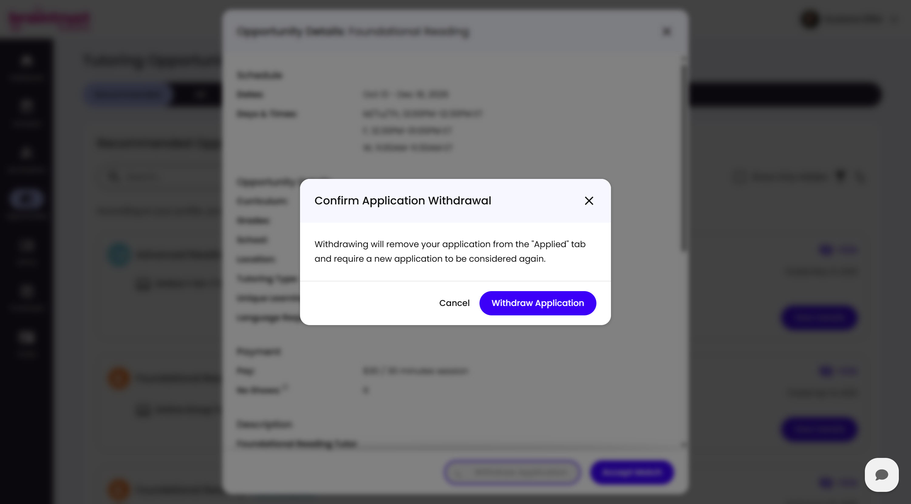 The Confirm Application Withdrawal modal, warning that withdrawing removes the application from the Applied tab and requires a new application to be considered again, with Cancel and Withdraw Application buttons