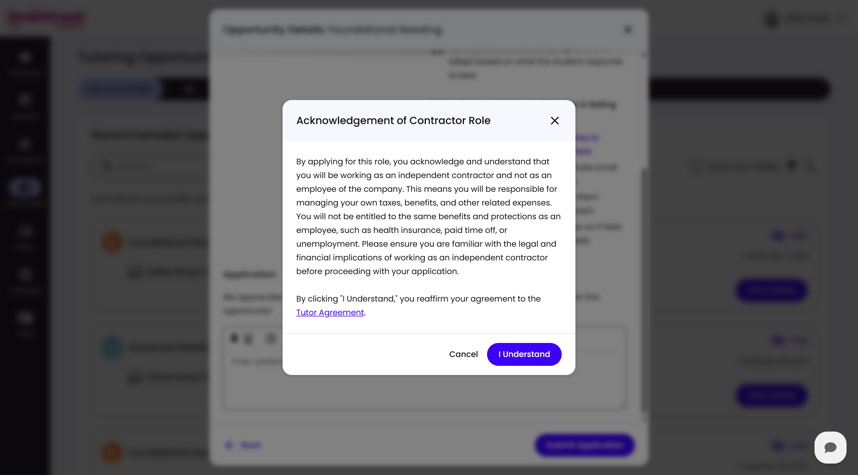 The Acknowledgement of Contractor Role modal, as seen by a Tutor, explaining independent contractor status with Cancel and I Understand buttons