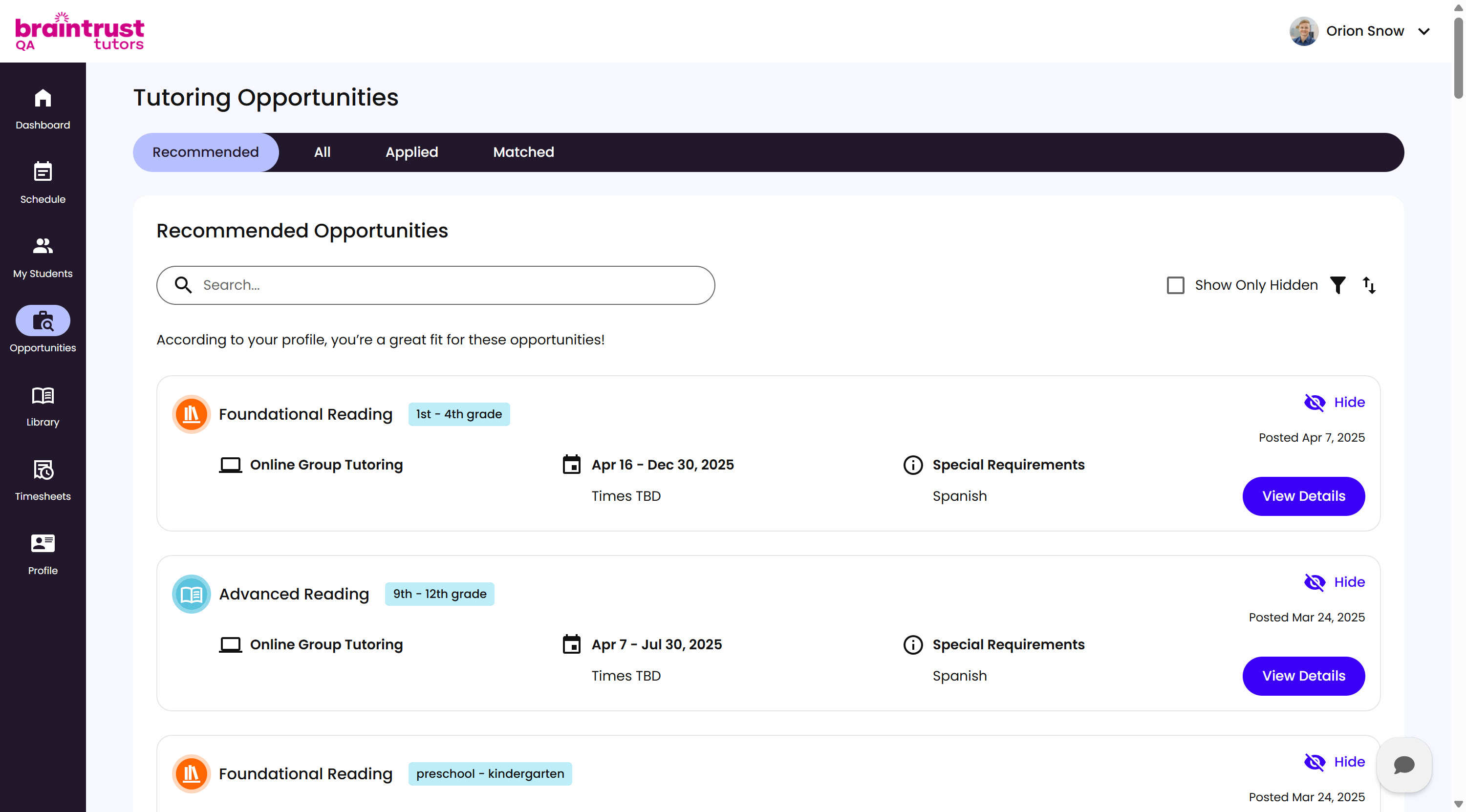 The Tutor's Tutoring Opportunities page, showing the Recommended, All, Applied, and Matched tabs and a list of Recommended Opportunities