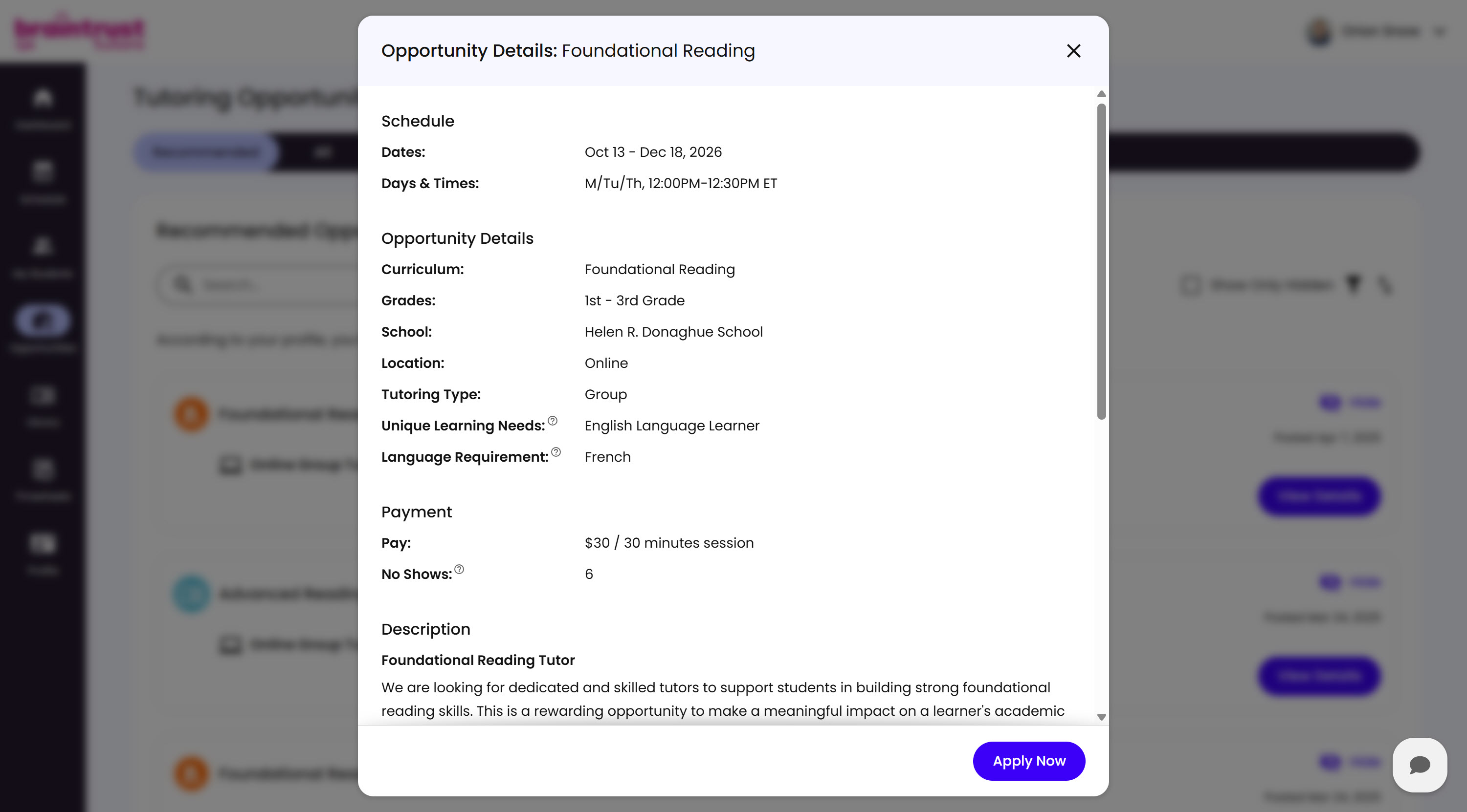 The Opportunity Details modal, as seen by a Tutor, showing the Schedule, Opportunity Details, Payment, and Description sections with an Apply Now button