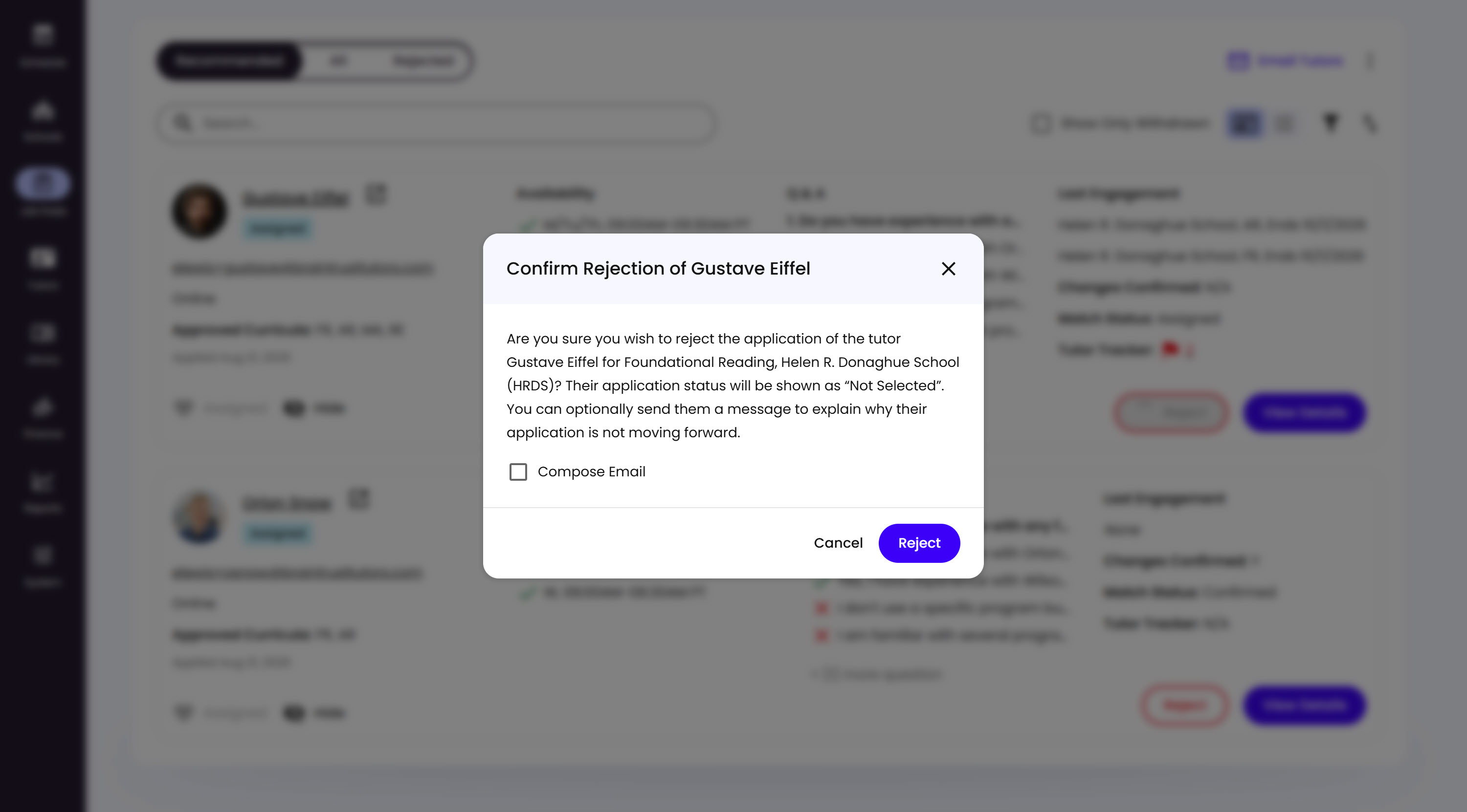 The Confirm Rejection modal, named for the Tutor being rejected, explaining the application's status will show as "Not Selected", with an optional Compose Email checkbox and Cancel and Reject buttons
