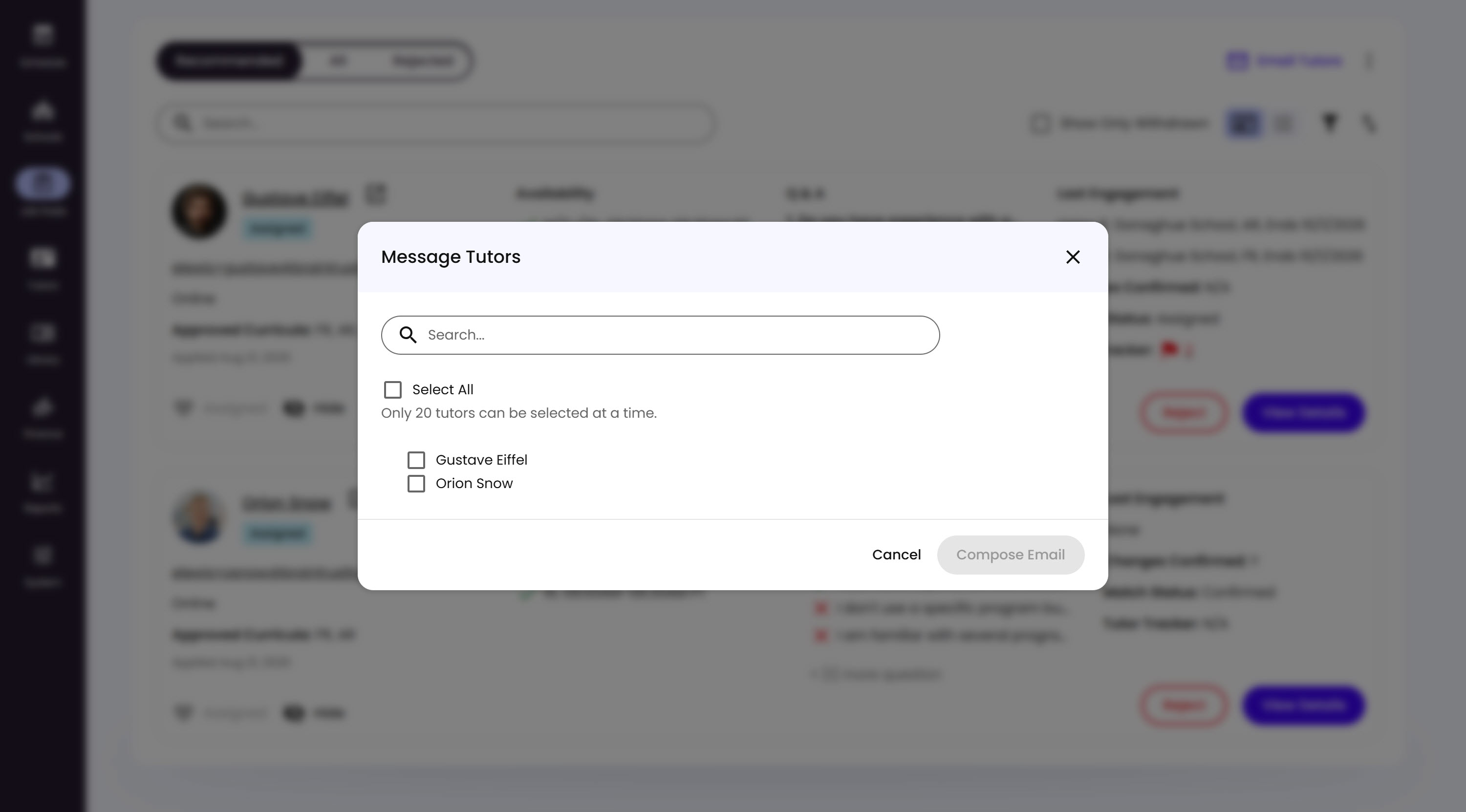 The Message Tutors modal, with a search bar, Select All checkbox, a list of Tutor names with checkboxes, and Cancel and Compose Email buttons