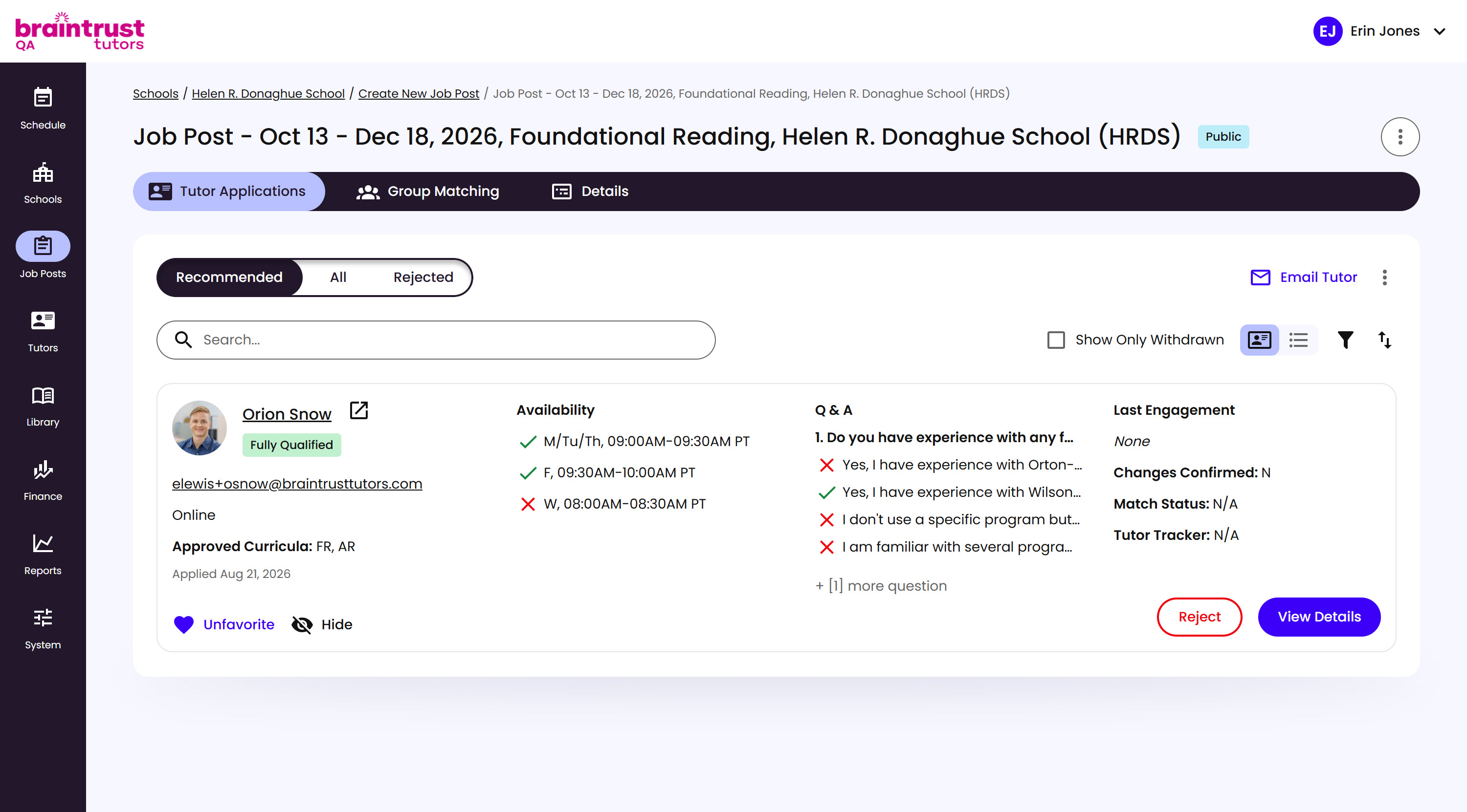 The Tutor Applications page on the Recommended tab, showing a Tutor's application card with a Fully Qualified badge, Availability, Q&A, and Last Engagement