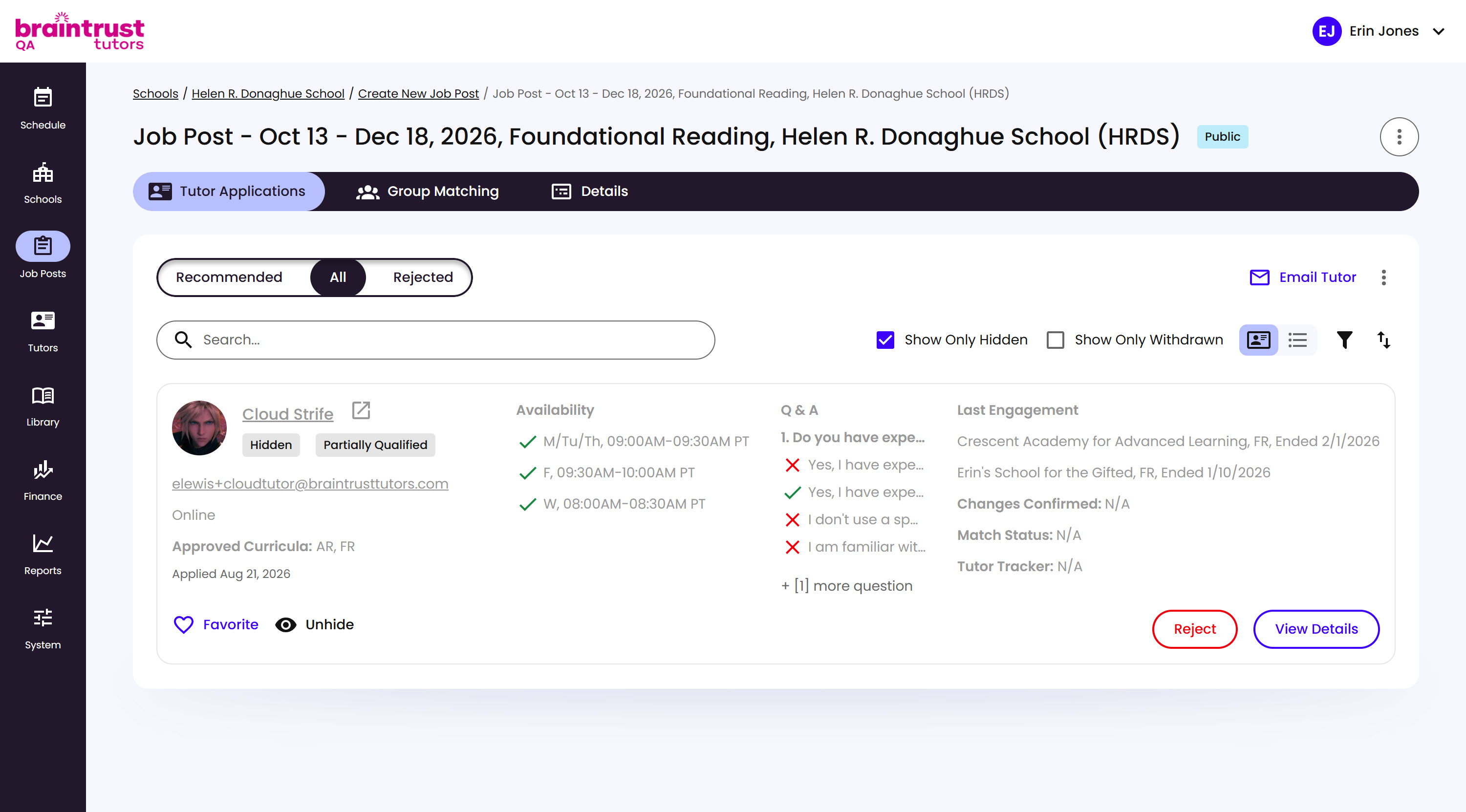 A Tutor's application card with a Hidden badge, on the All tab with Show Only Hidden checked