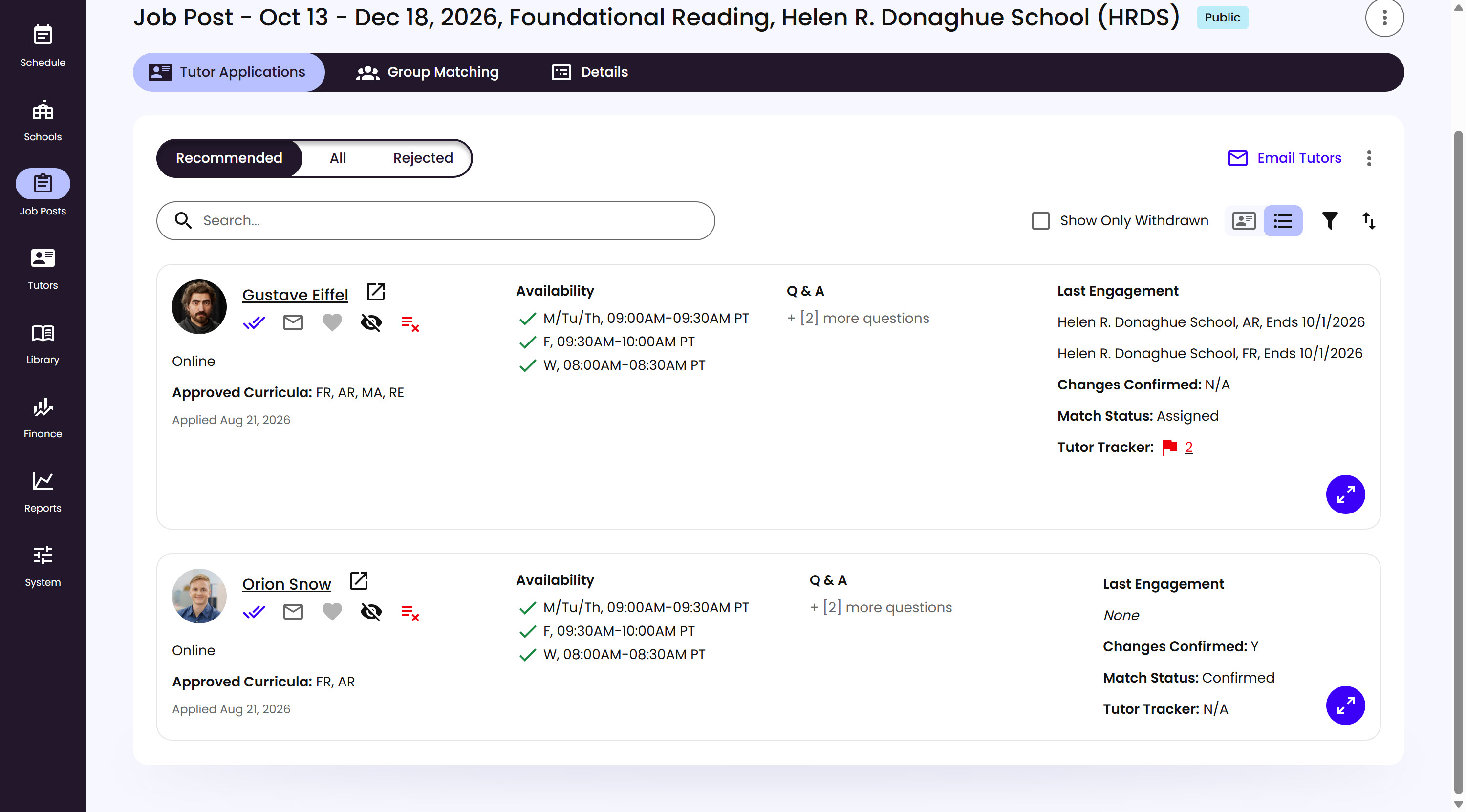 The Tutor Applications page in list view, showing compact rows with icon-based actions and an expand icon for View Details