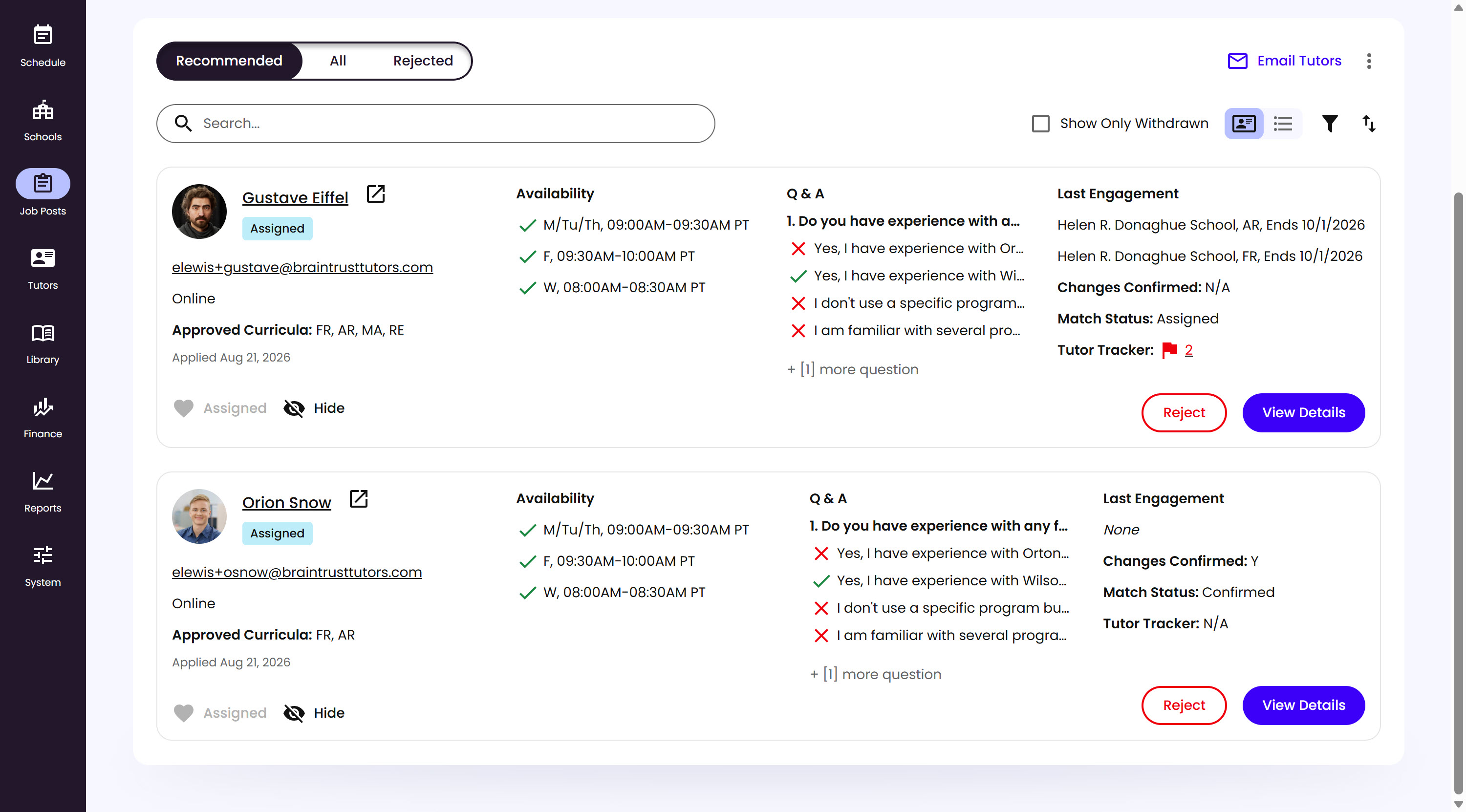 Two application cards showing Match Status of Assigned and Confirmed, and a Tutor Tracker flag with a count of 2