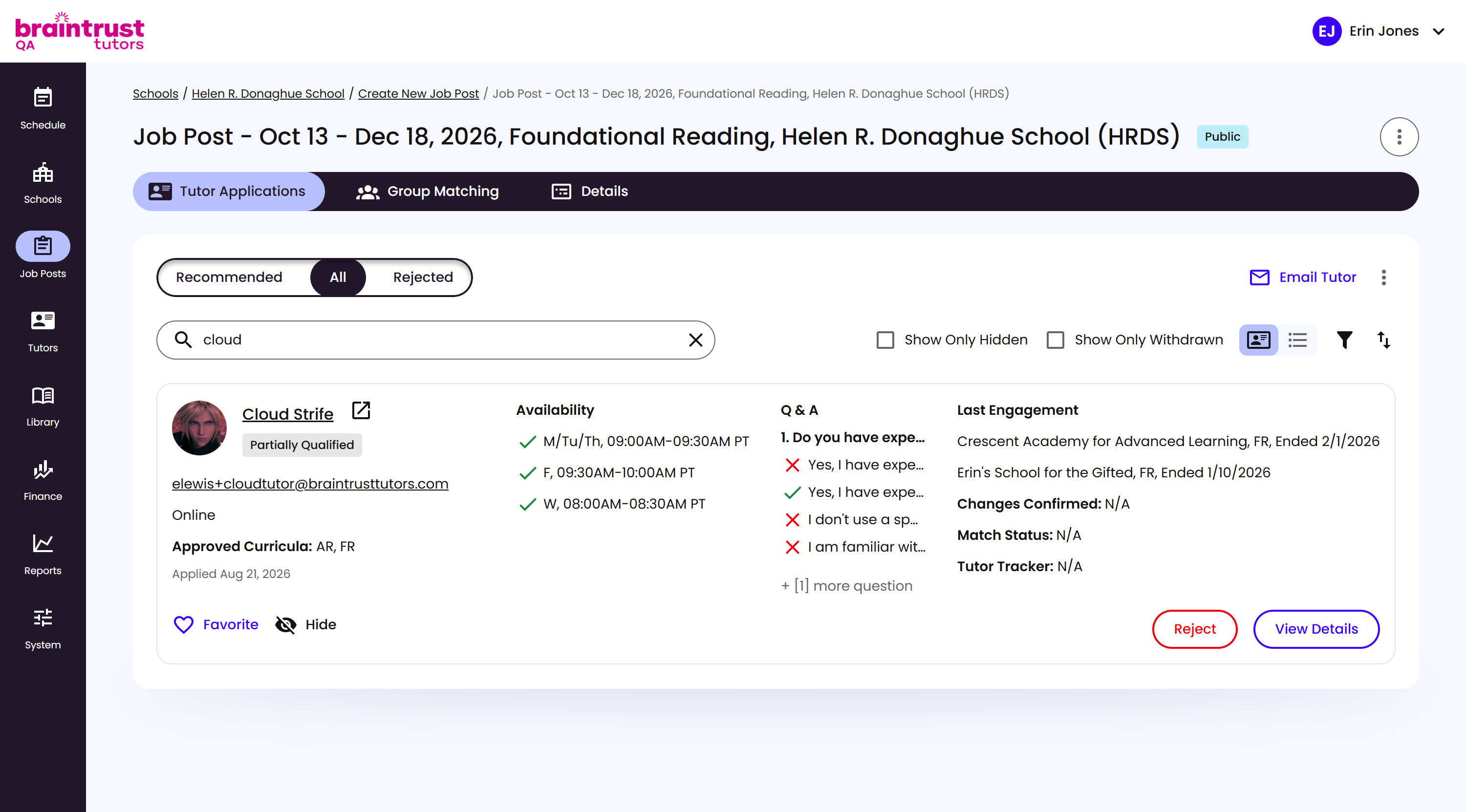 A Tutor's application card on the All tab, showing a Partially Qualified badge
