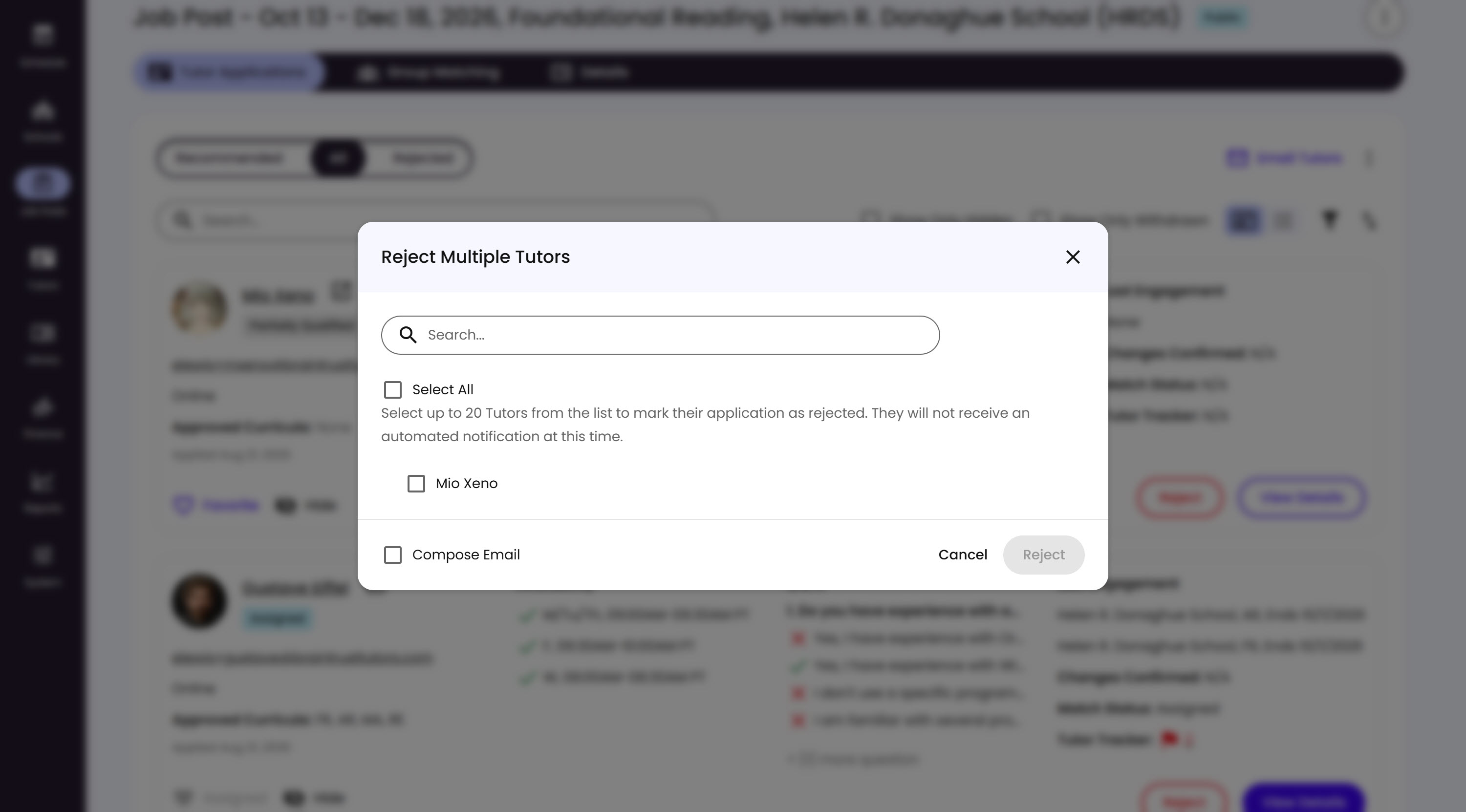 The Reject Multiple Tutors modal, with a search bar, Select All checkbox, a list of eligible Tutors, an optional Compose Email checkbox, and Cancel and Reject buttons
