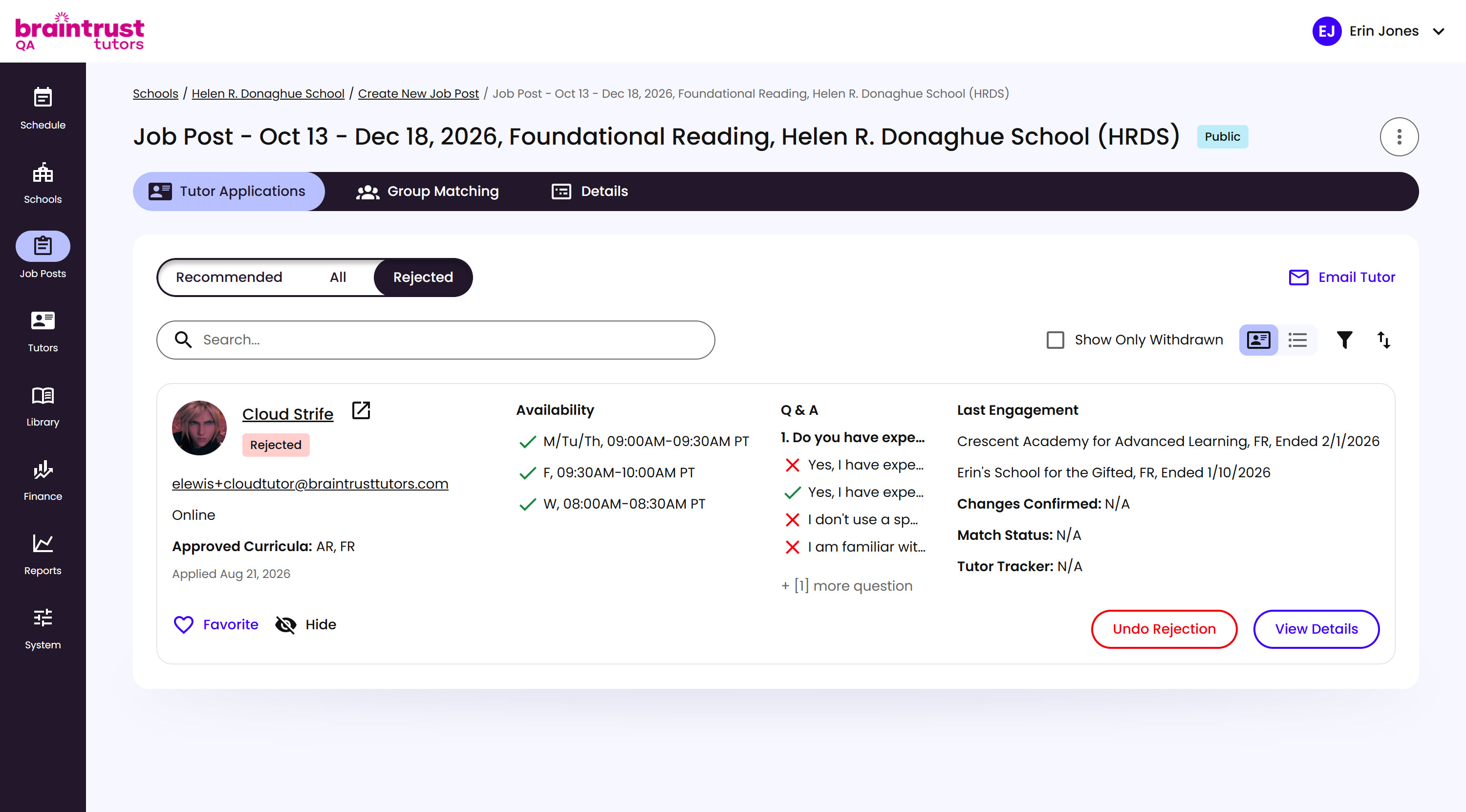 A Tutor's application card on the Rejected tab, with a Rejected badge and an Undo Rejection button