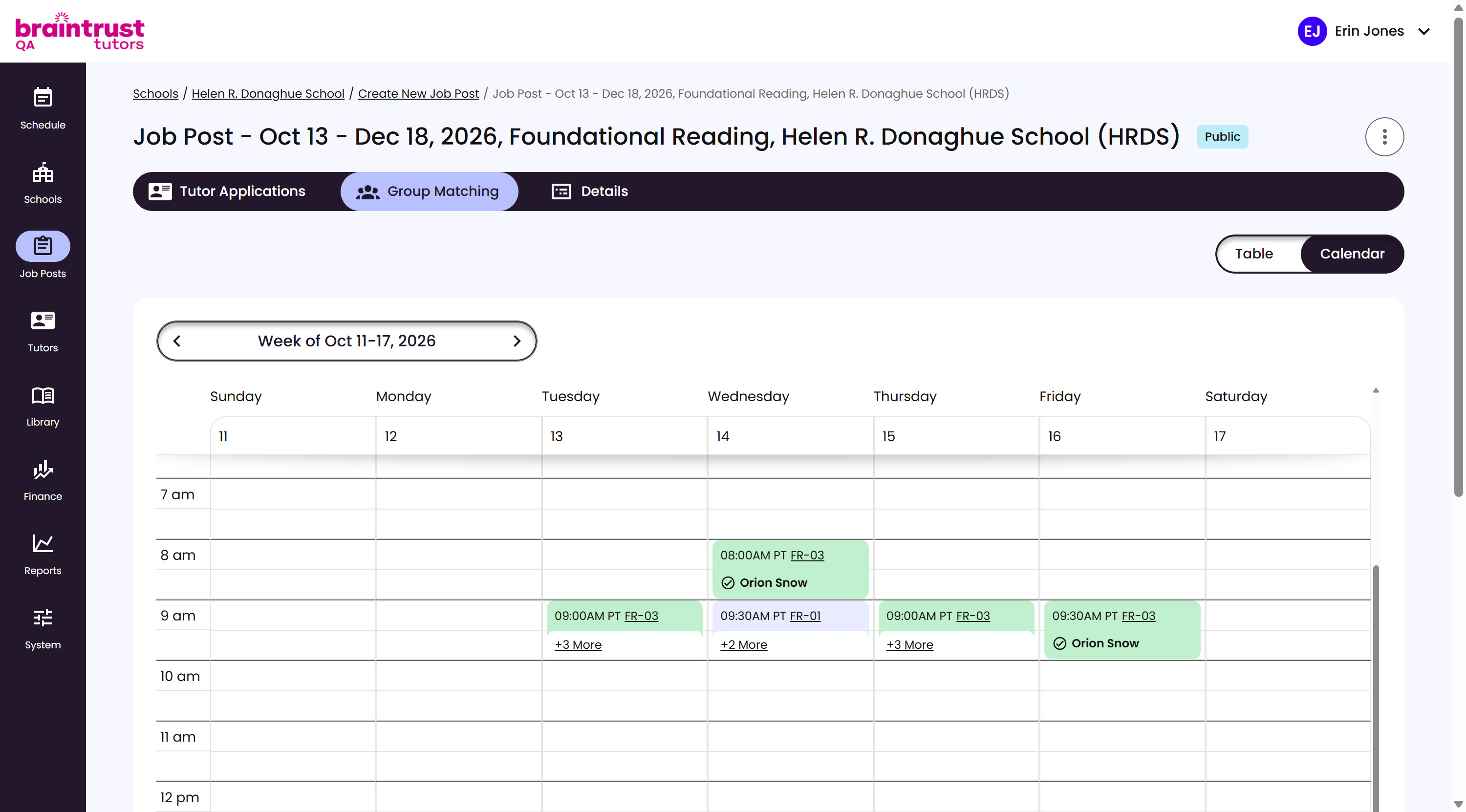 The Group Matching calendar view, showing a week of sessions with a confirmed Tutor's name and a checkmark on Confirmed sessions