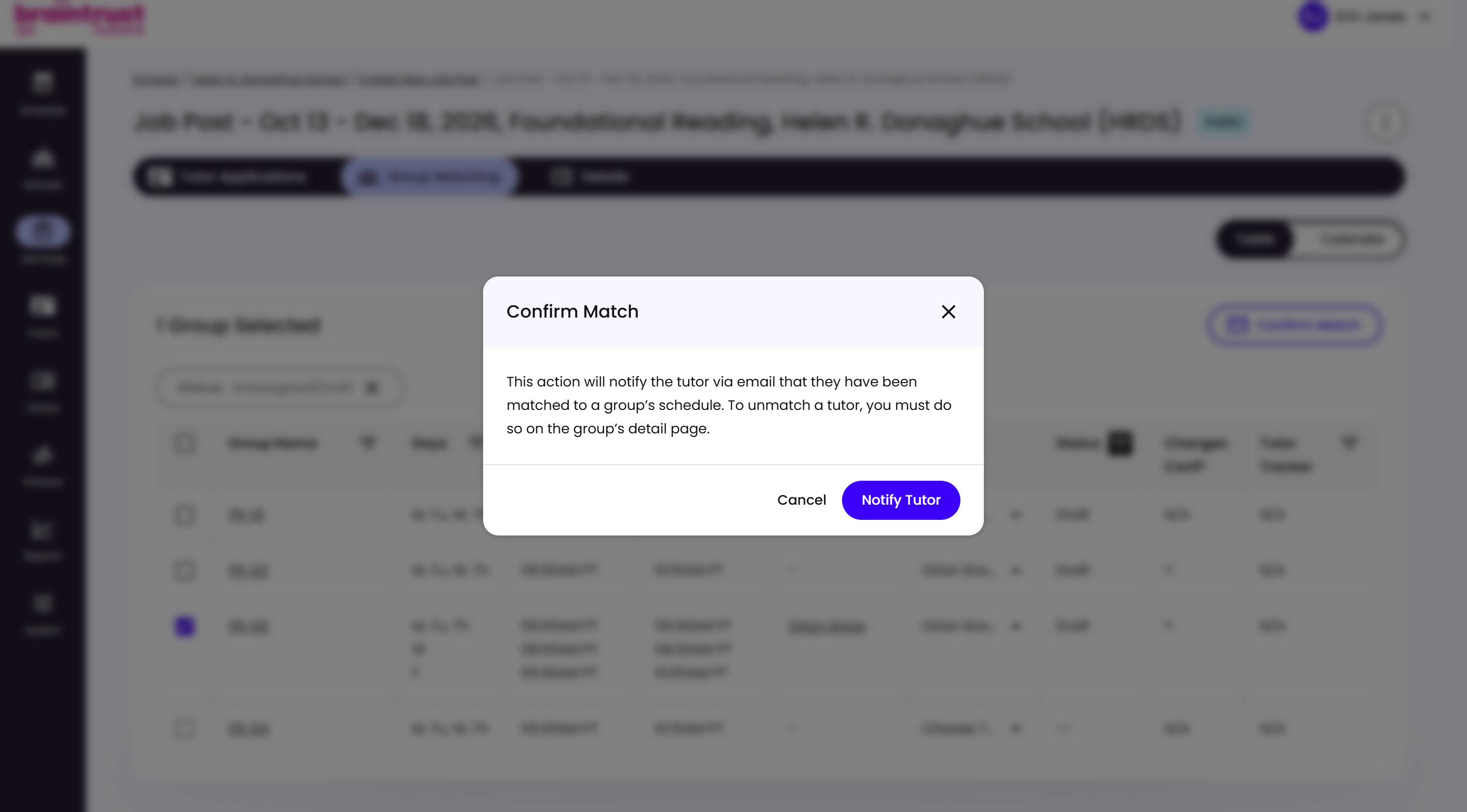 The Confirm Match modal, explaining that the Tutor will be notified by email, with Cancel and Notify Tutor buttons