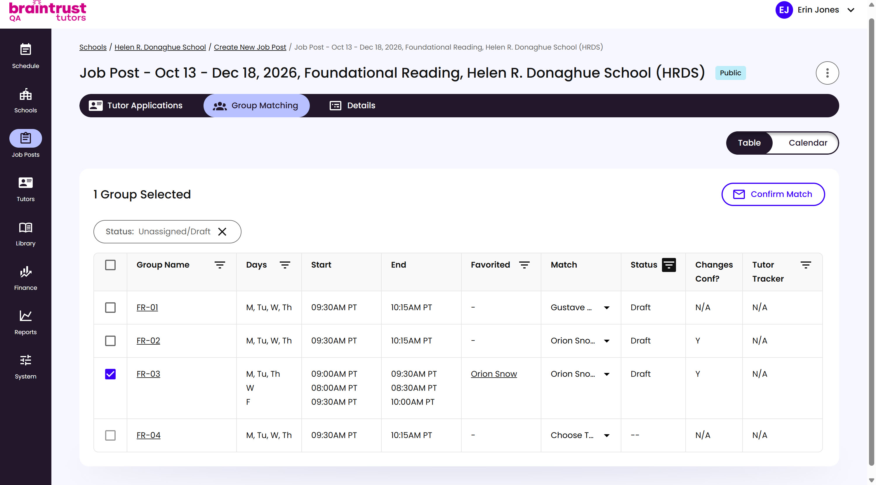 The Group Matching table with one Group selected and a Confirm Match button available at the top right