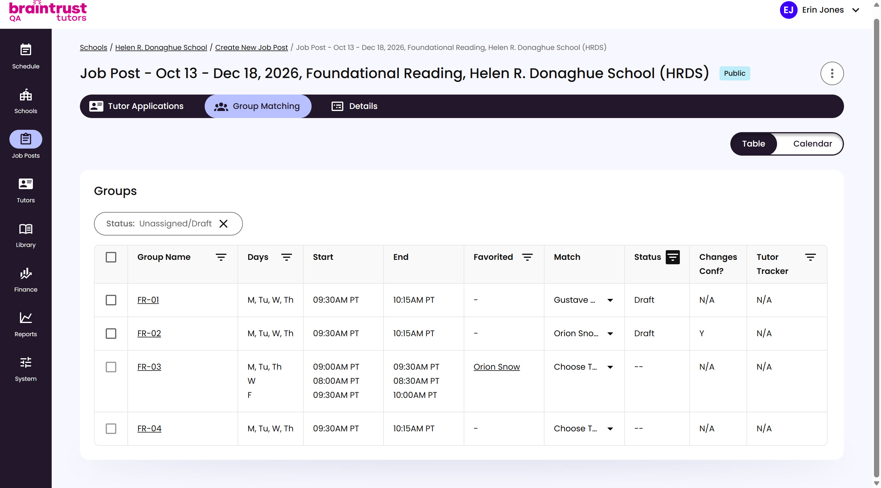 The Group Matching table, with a Group's Favorited column showing a qualifying Tutor's name as a link