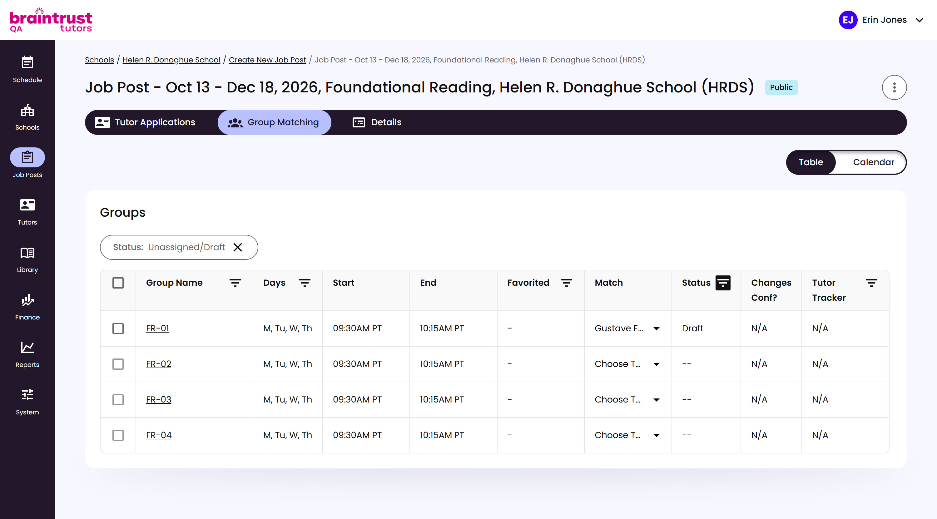 The Group Matching table, filtered to Unassigned/Draft, with columns for Group Name, Days, Start, End, Favorited, Match, Status, Changes Conf?, and Tutor Tracker